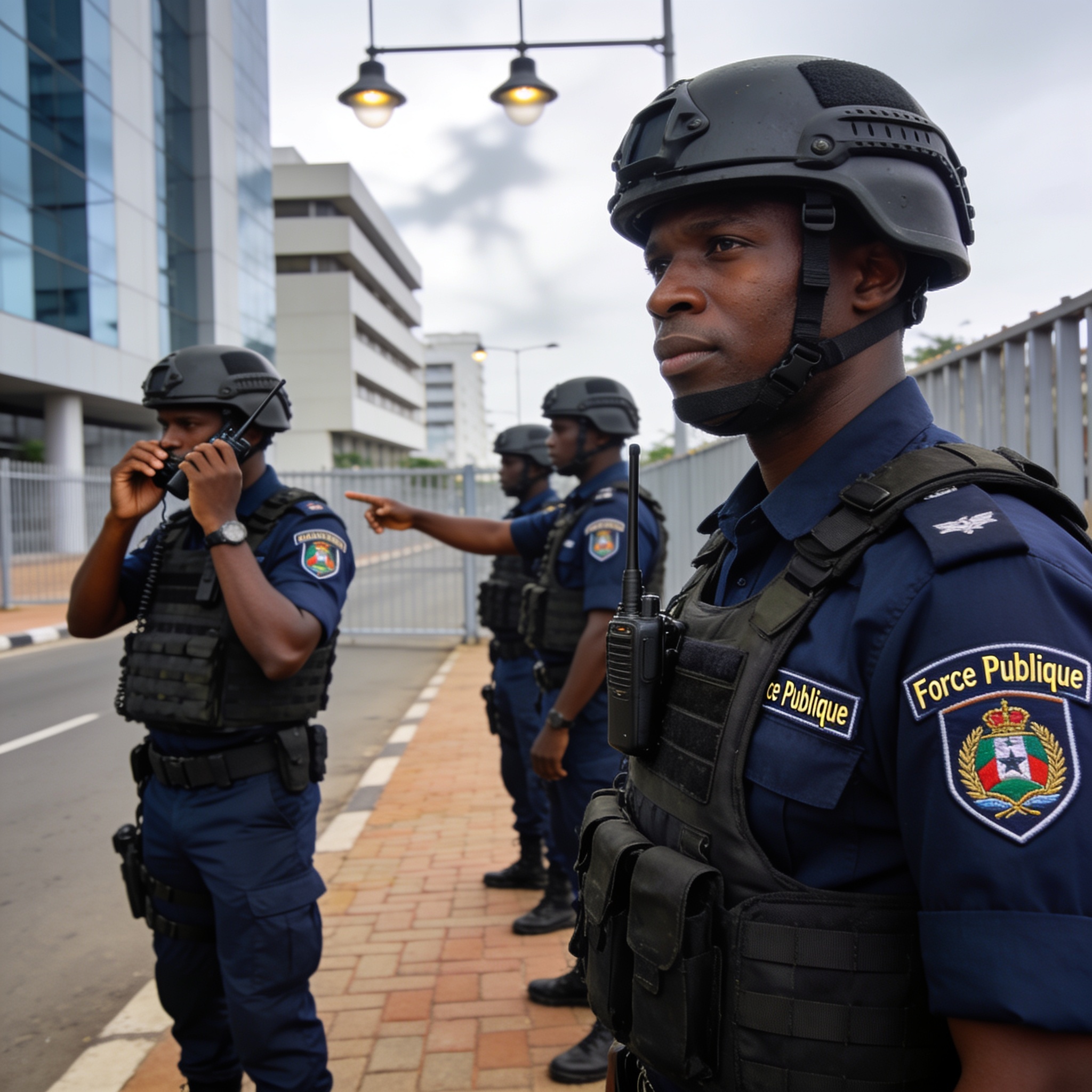 Create an editorial news illustration for an article about '65e anniversaire de la force publique : l’endurance pour garantir la sécurité au Congo'. The specific country is Republique du Congo (Brazzaville) (CG); make visual cues accurate to this exa