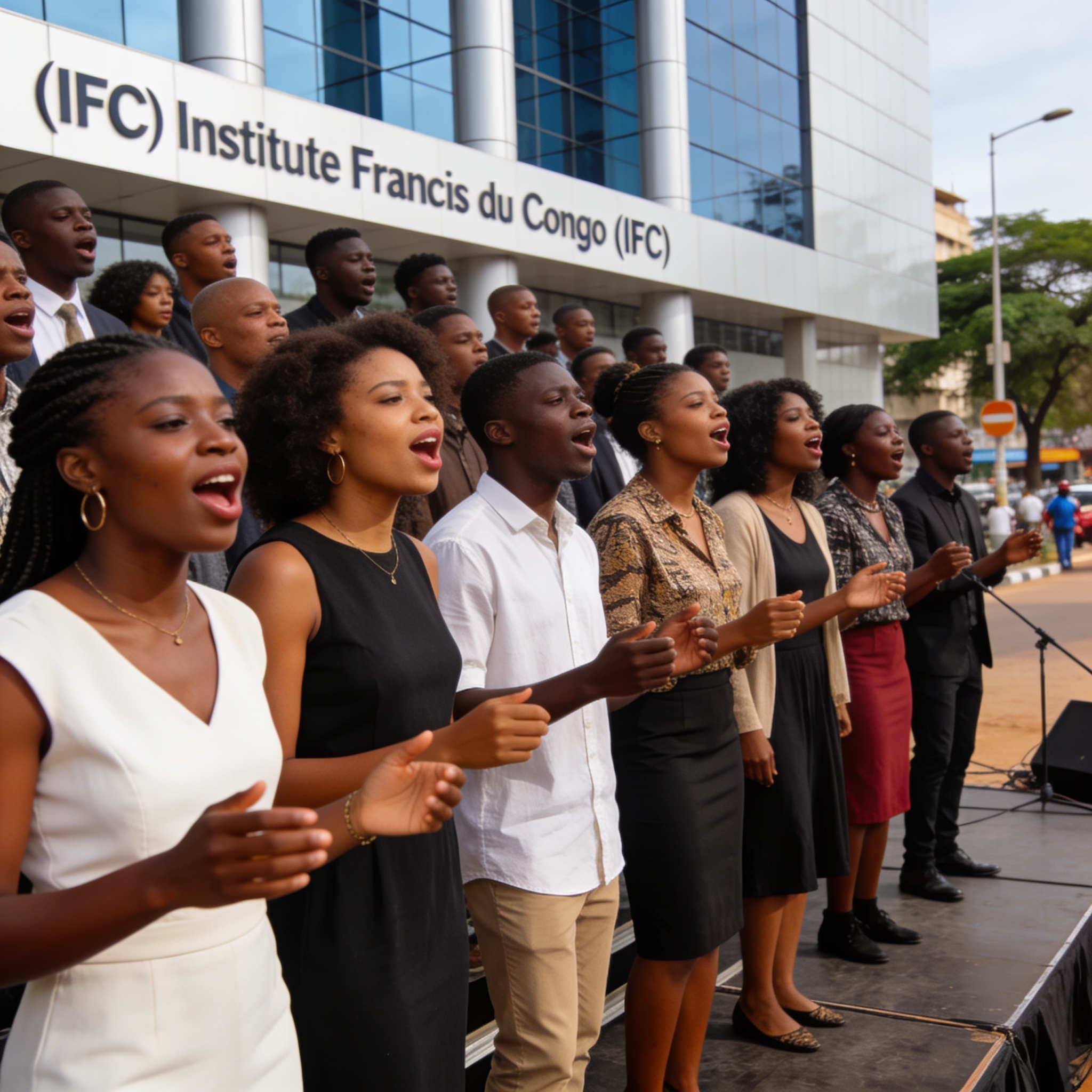 Create an editorial news illustration for an article about "8e édition du concours des chorales de Brazzaville : « Le Congo a du chœur » à l'IFC". The specific country is Republique du Congo (Brazzaville) (CG); make visual cues accurate to this exact