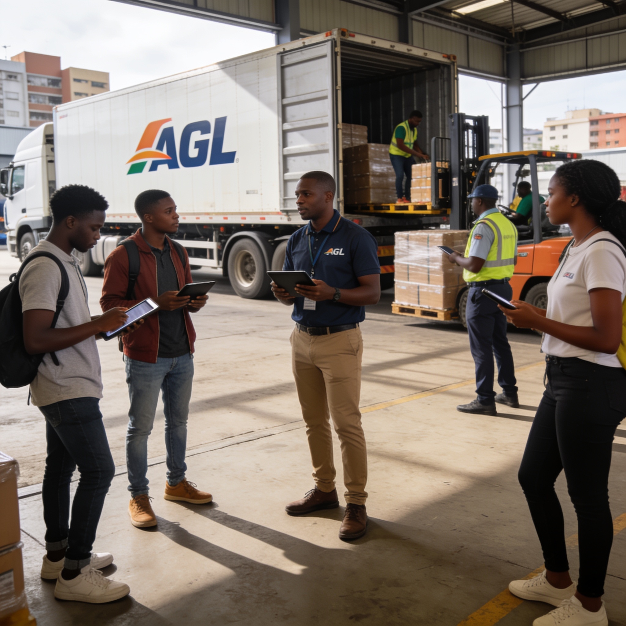 Create an editorial news illustration for an article about 'AGL Congo ouvre ses portes aux étudiants pour les métiers de la logistique'. The specific country is Republique du Congo (Brazzaville) (CG); make visual cues accurate to this exact country a