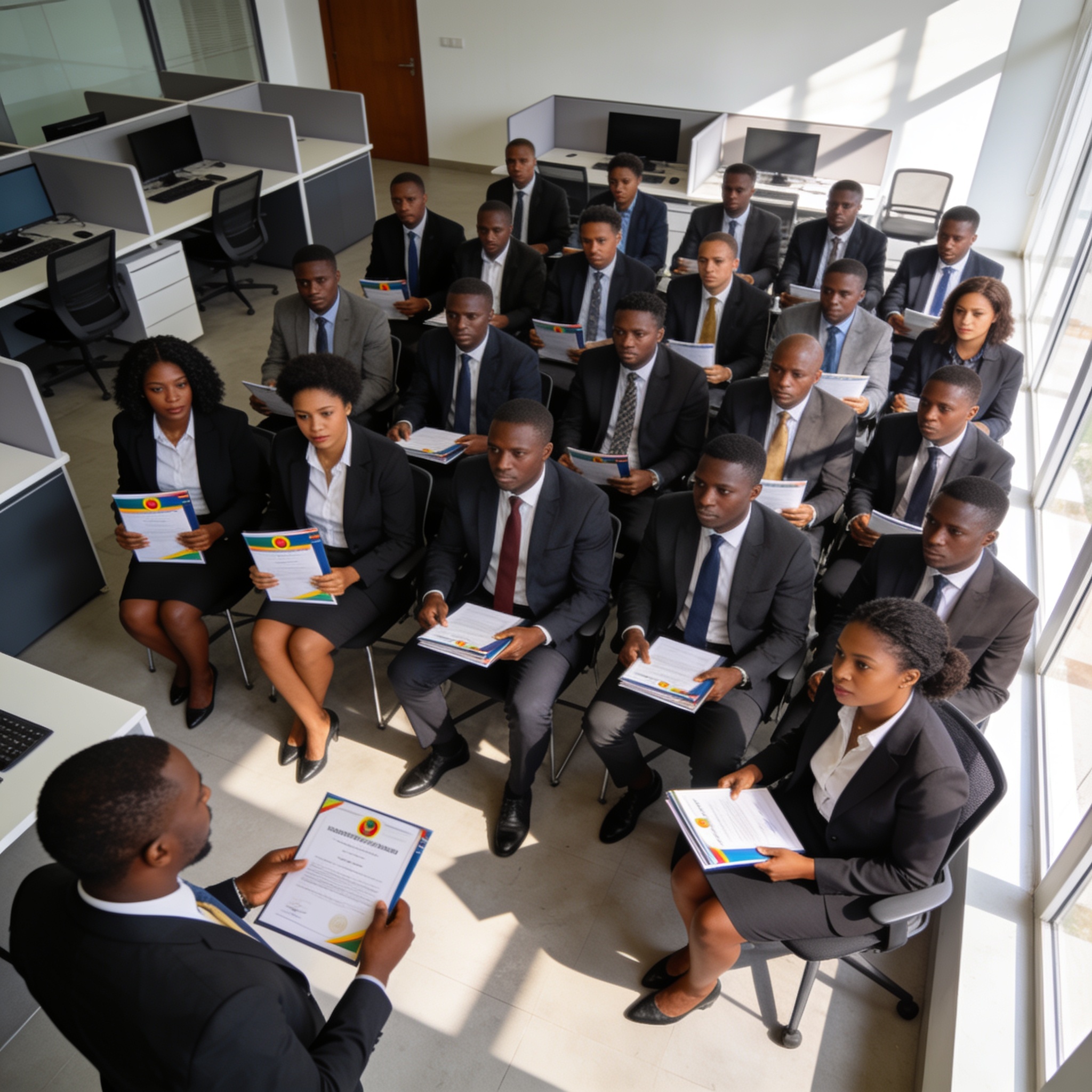 Create an editorial news illustration for an article about 'AGL Congo renforce les compétences de 25 collaborateurs avec la certification CACES® R483'. The specific country is Republique du Congo (Brazzaville) (CG); make visual cues accurate to this