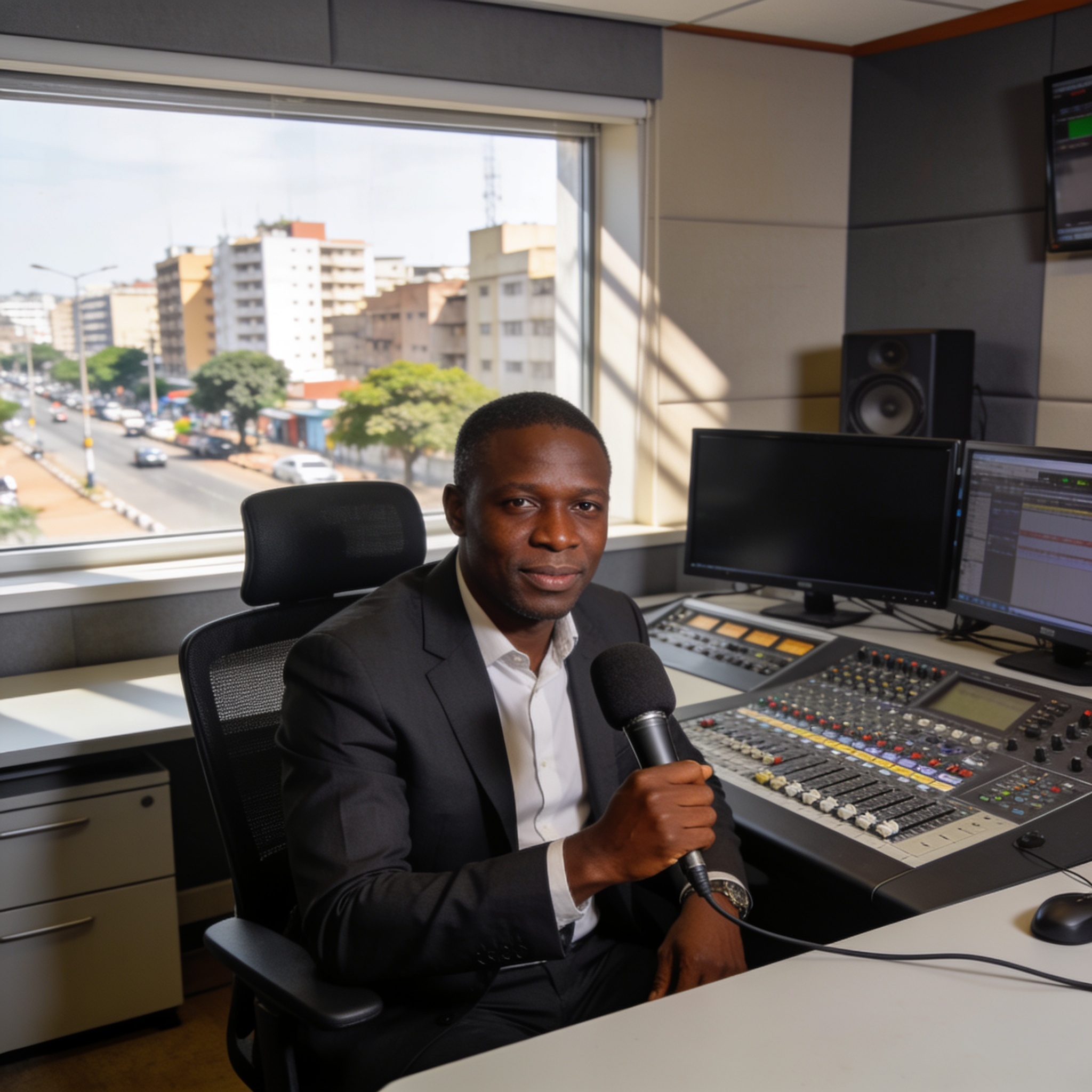 Create an editorial news illustration for an article about "André Yabi Yabi, la voix emblématique de Radio Congo, s'est éteinte à Brazzaville". The specific country is Republique du Congo (Brazzaville) (CG); make visual cues accurate to this exact co