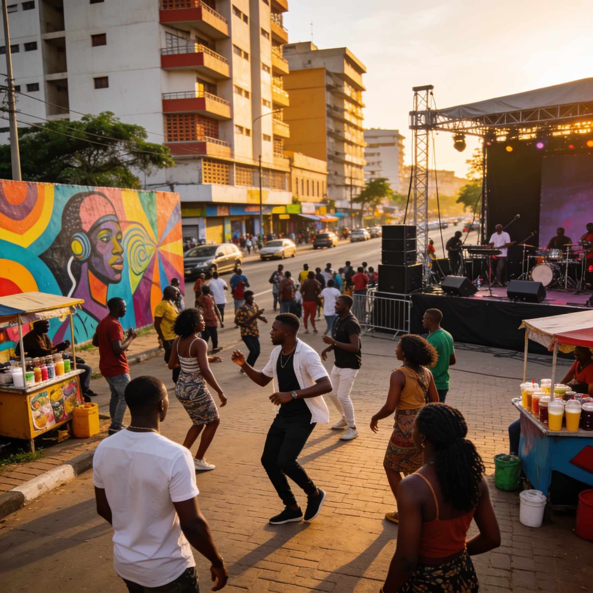 Create an editorial news illustration for an article about 'Brazzaville accueille la 15e édition du Festival des Expressions Urbaines'. The specific country is Republique du Congo (Brazzaville) (CG); make visual cues accurate to this exact country an