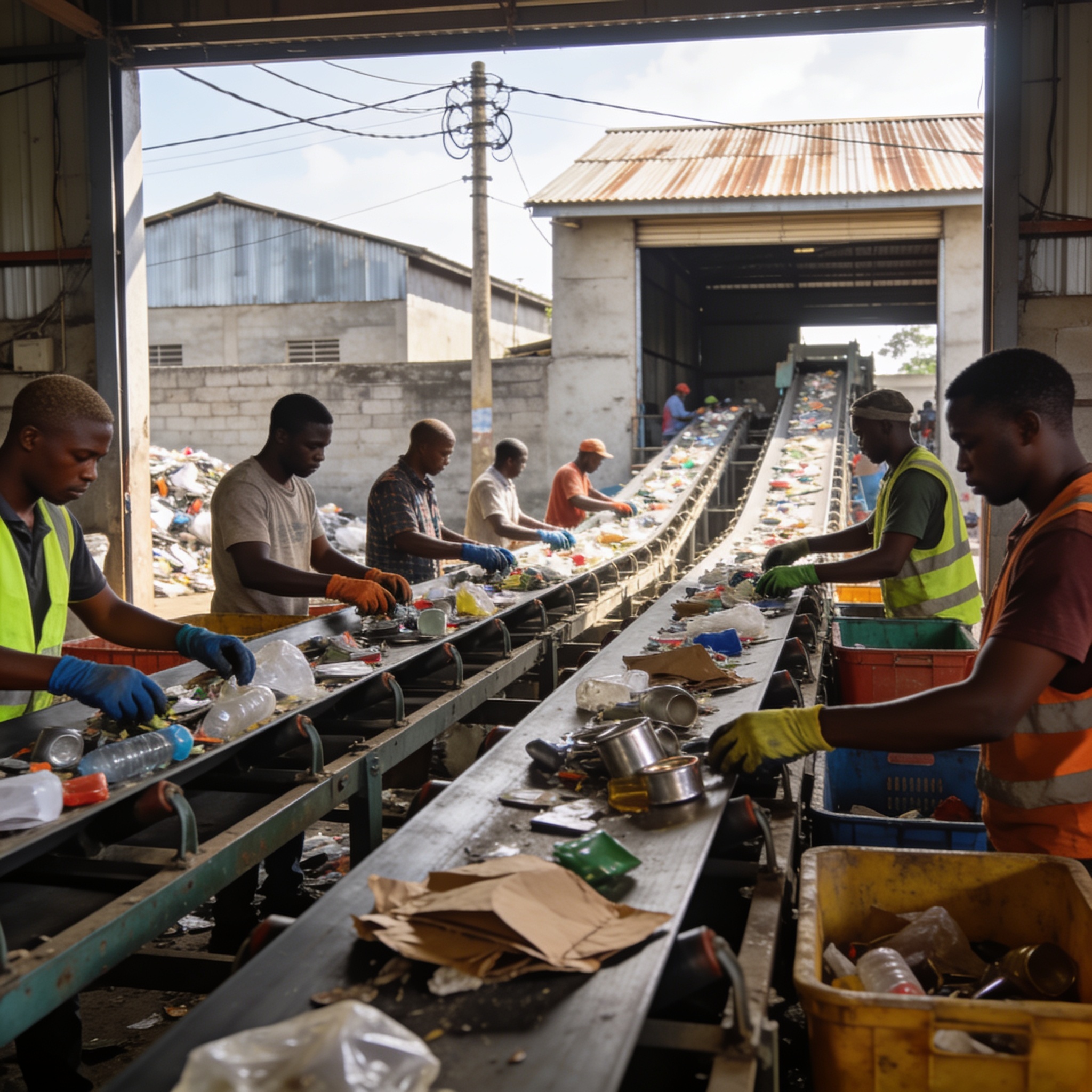 Create an editorial news illustration for an article about 'Brazzaville : Induco mise sur le recyclage pour créer 3 000 emplois indirects'. The specific country is Republique du Congo (Brazzaville) (CG); make visual cues accurate to this exact countr