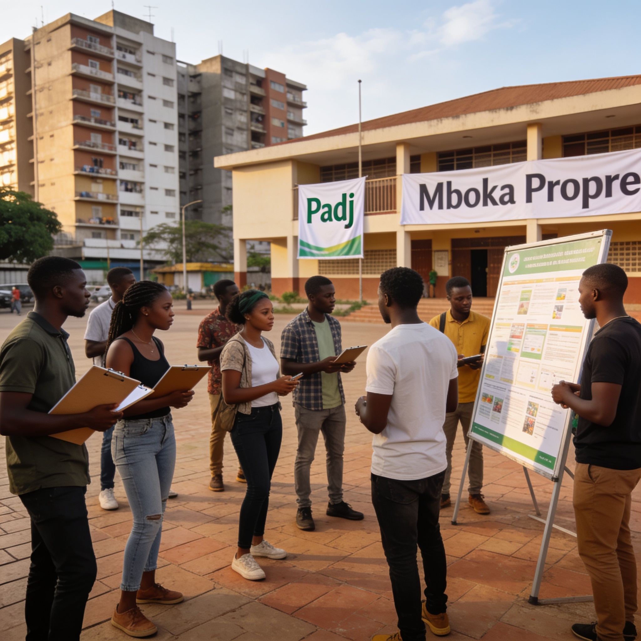 Create an editorial news illustration for an article about 'Brazzaville : le Padj et l’initiative « Mboka Propre » seront lancés en août pour l’emploi des jeunes'. The specific country is Republique du Congo (Brazzaville) (CG); make visual cues accur