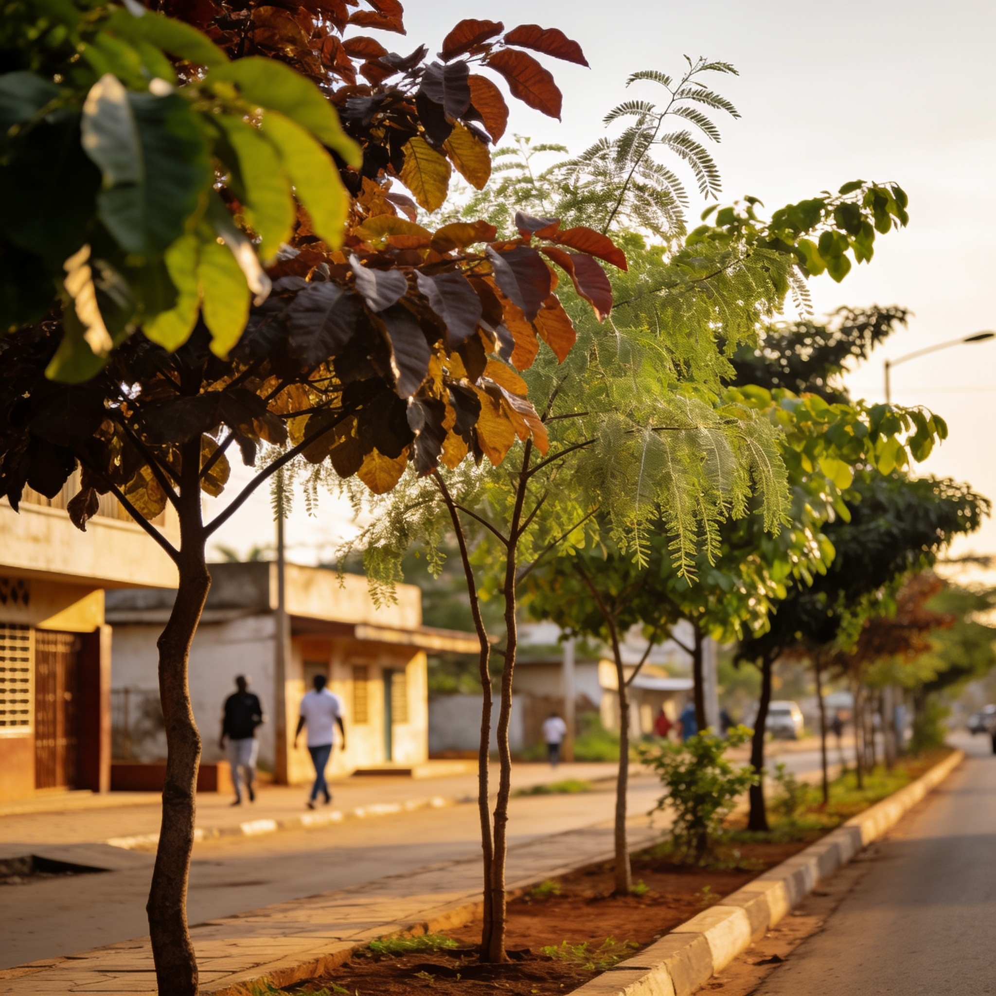 Create an editorial news illustration for an article about 'Brazzaville : une étude recommande de diversifier les essences d’arbres plantées pour préserver l’environnement urbain'. The specific country is Republique du Congo (Brazzaville) (CG); make