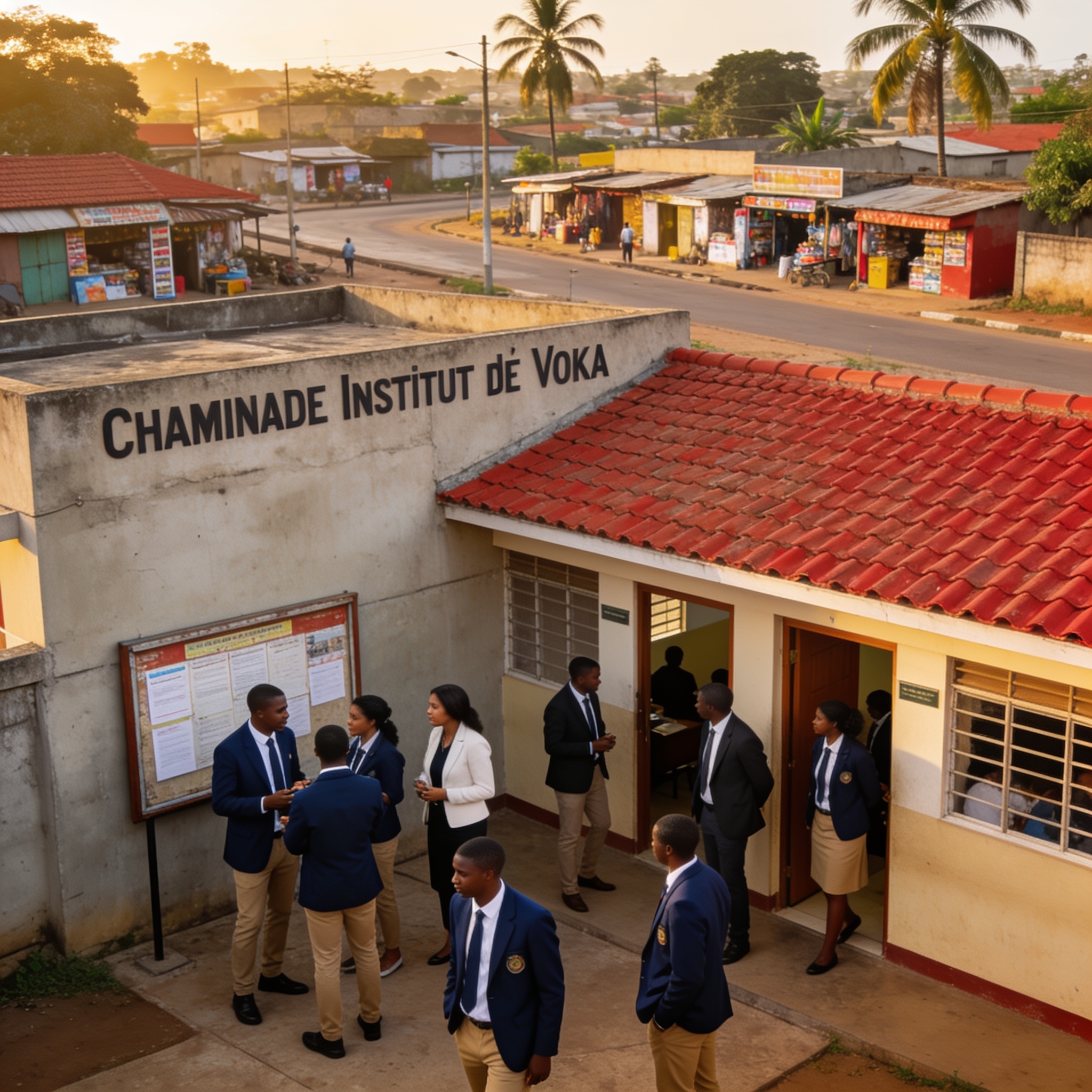 Create an editorial news illustration for an article about 'Chaminade Institut de Voka : un pilier éducatif dans le Pool depuis 2009'. The specific country is Republique du Congo (Brazzaville) (CG); make visual cues accurate to this exact country and
