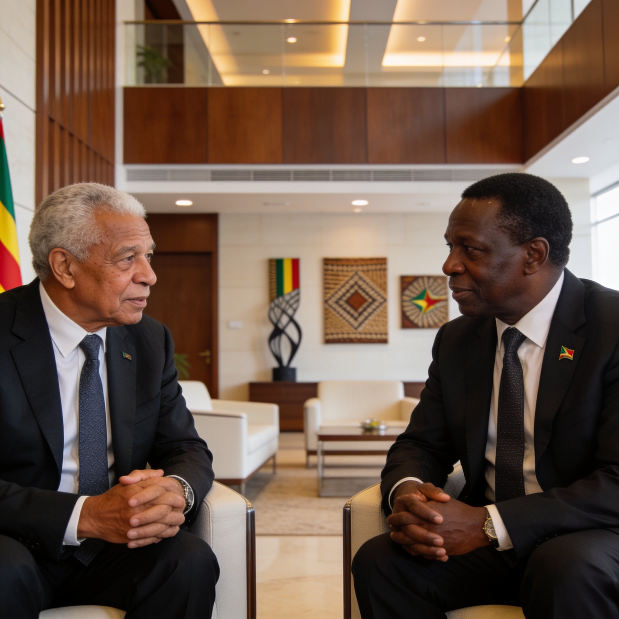 Create an editorial news illustration for an article about 'Claude Le Roy reçu par Sassou-Nguesso : un nouveau départ pour les Diables Rouges'. The specific country is Republique du Congo (Brazzaville) (CG); make visual cues accurate to this exact co