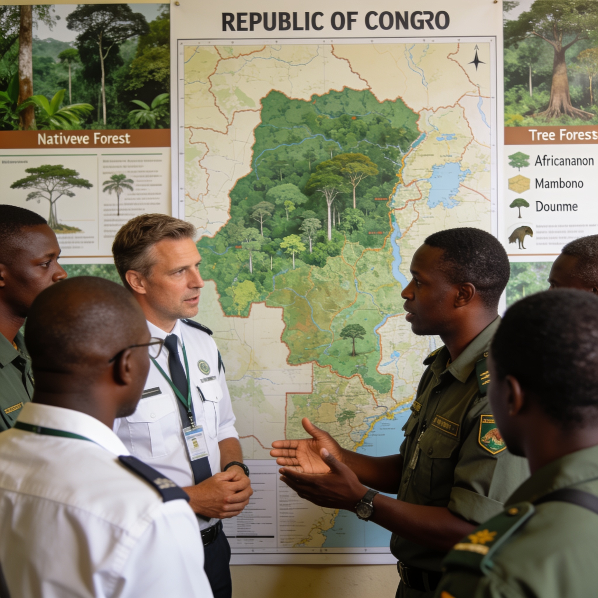 Create an editorial news illustration for an article about 'Congo-CAFI : la stratégie décennale 2026-2035 adoptée pour protéger les forêts'. The specific country is Republique du Congo (Brazzaville) (CG); make visual cues accurate to this exact count