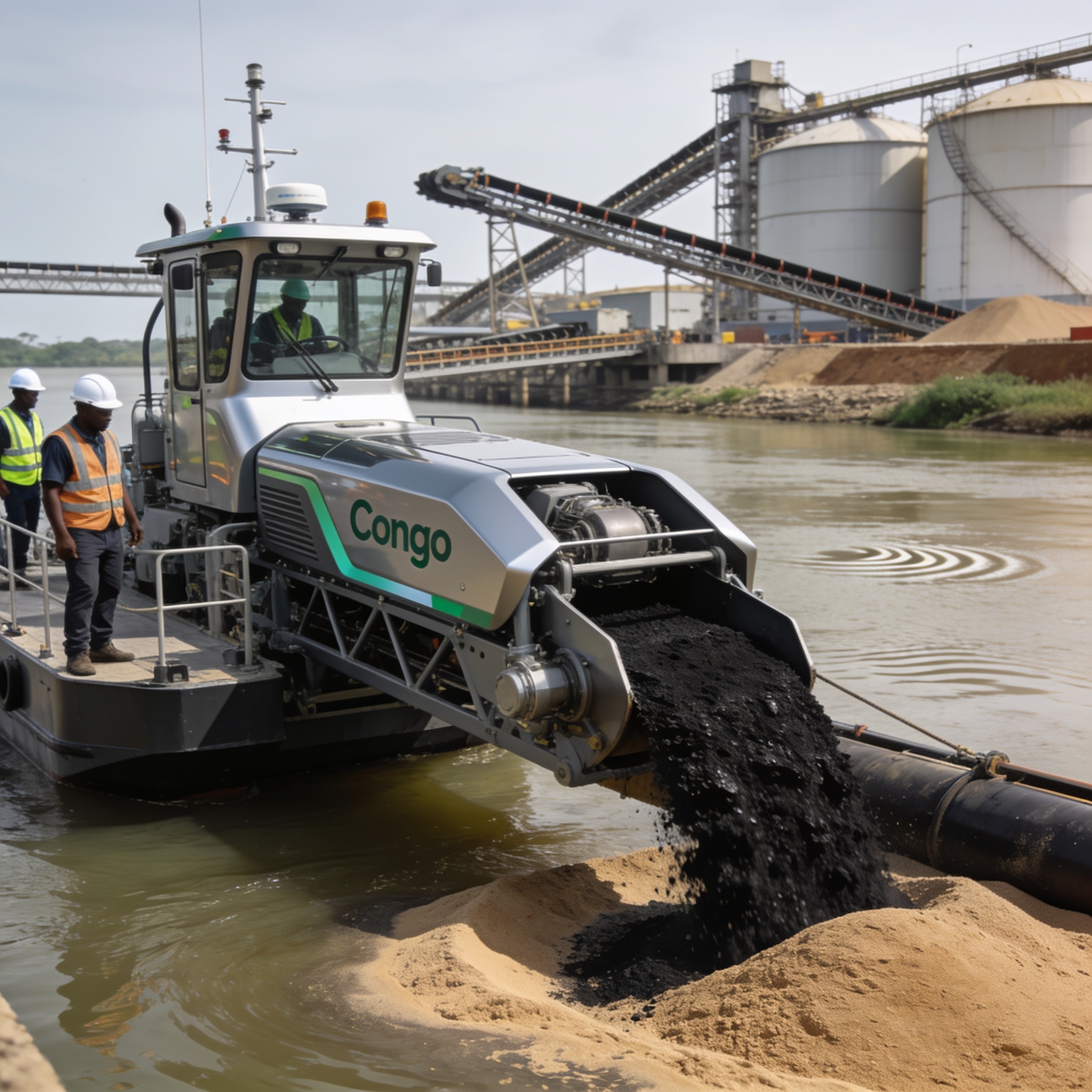 Create an editorial news illustration for an article about 'Congo Terminal relève le défi des sables bitumineux avec un dragage innovant et écologique'. The specific country is Republique du Congo (Brazzaville) (CG); make visual cues accurate to this