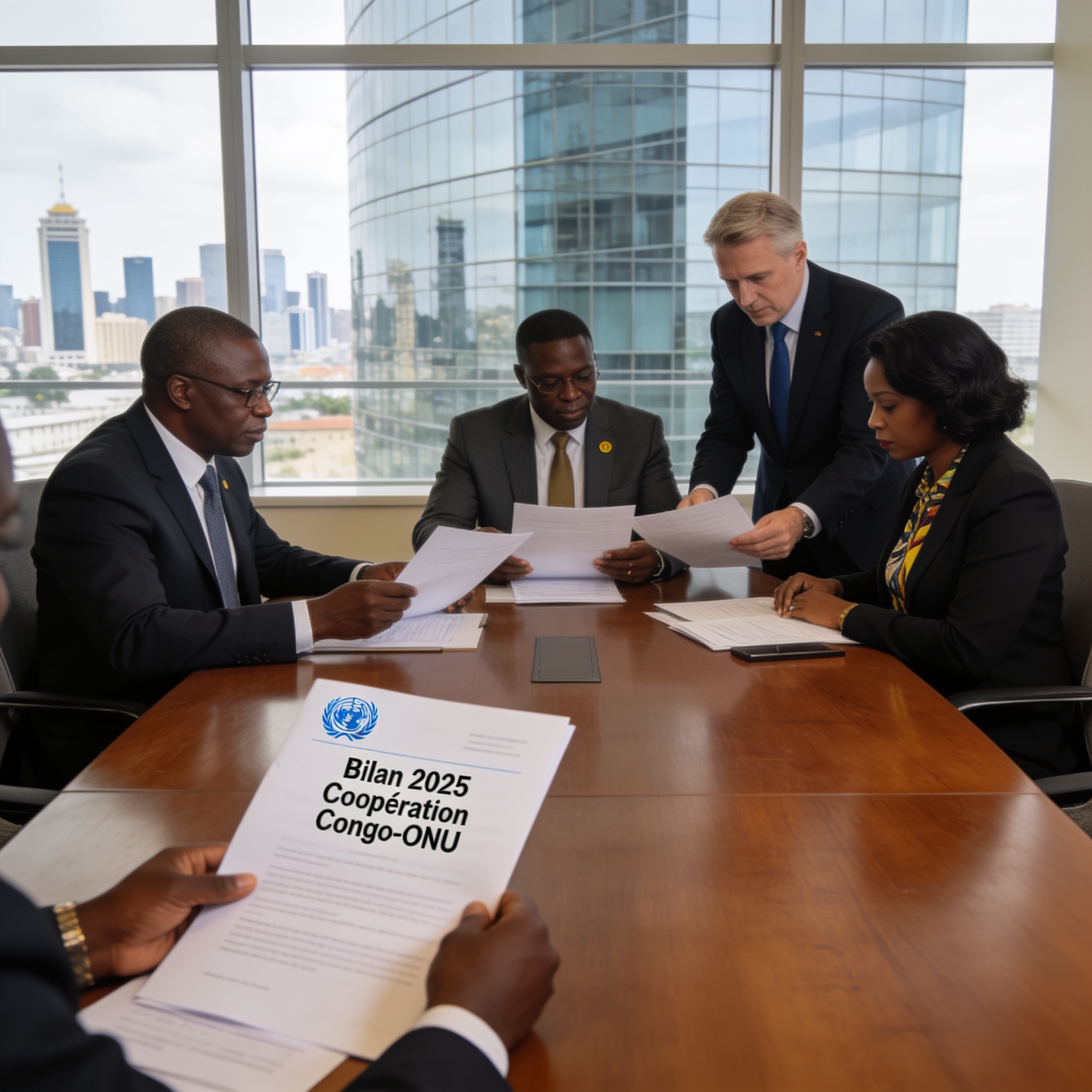 Create an editorial news illustration for an article about 'Coopération Congo-ONU : un bilan 2025 prometteur dévoilé à Brazzaville'. The specific country is Republique du Congo (Brazzaville) (CG); make visual cues accurate to this exact country and a