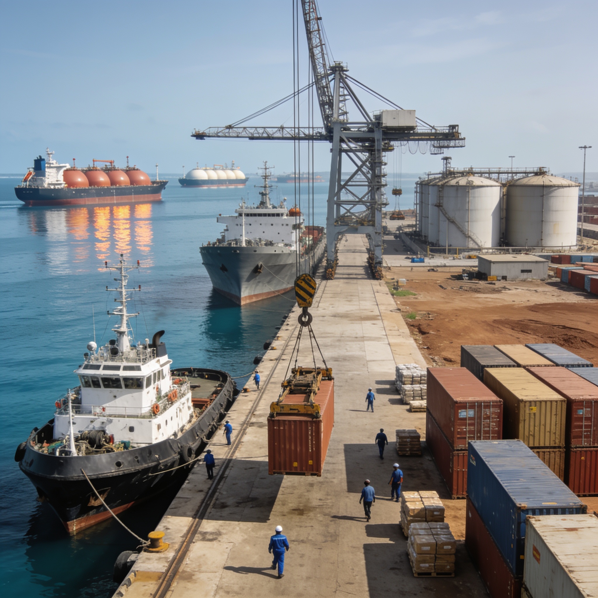 Create an editorial news illustration for an article about 'Crise dans le détroit d’Ormuz : quelles conséquences pour les ports congolais ?'. The specific country is Republique du Congo (Brazzaville) (CG); make visual cues accurate to this exact coun