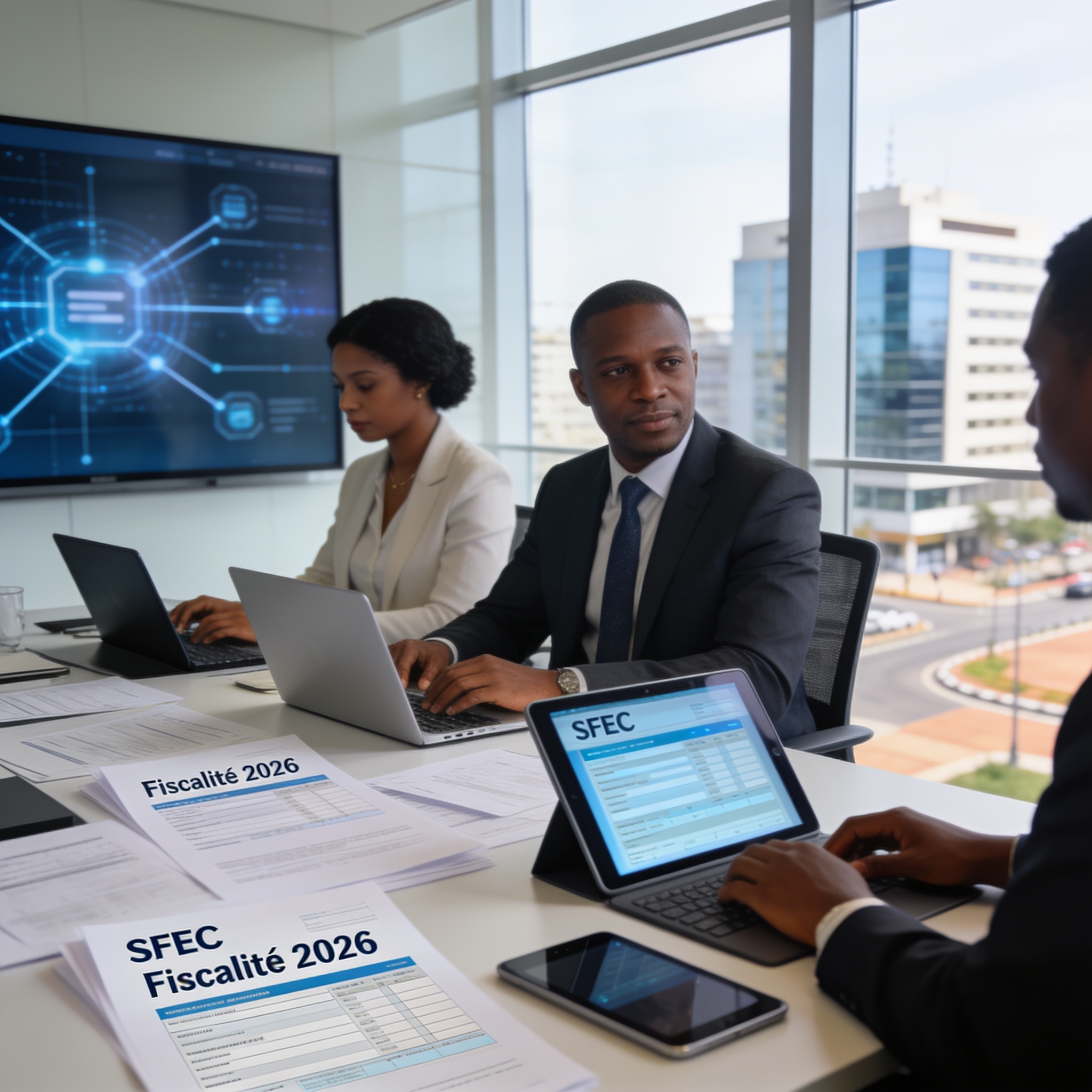 Create an editorial news illustration for an article about 'Fiscalité : Les entreprises appelées à s’interconnecter au SFEC avant le 1er juillet 2026'. The specific country is Republique du Congo (Brazzaville) (CG); make visual cues accurate to this