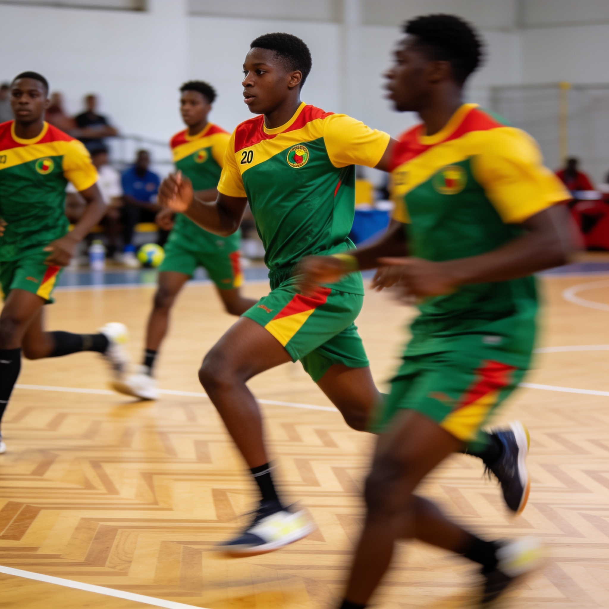 Create an editorial news illustration for an article about 'Handball : les Diables rouges U18 et U20 valident leur billet pour les Coupes d’Afrique'. The specific country is Republique du Congo (Brazzaville) (CG); make visual cues accurate to this ex