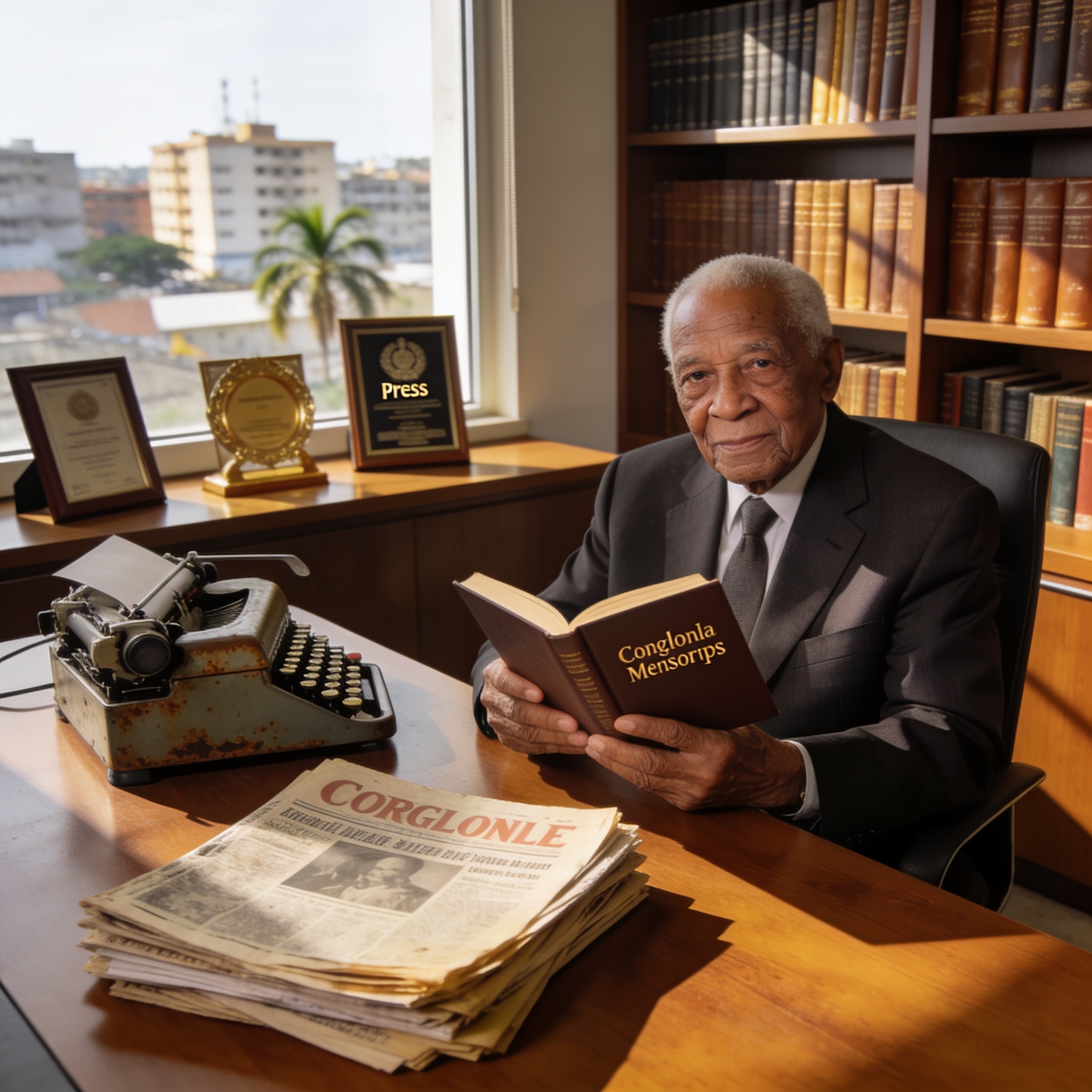 Create an editorial news illustration for an article about 'Hommage à Bernard Mackiza : le doyen de la presse congolaise publie ses mémoires à 92 ans'. The specific country is Republique du Congo (Brazzaville) (CG); make visual cues accurate to this