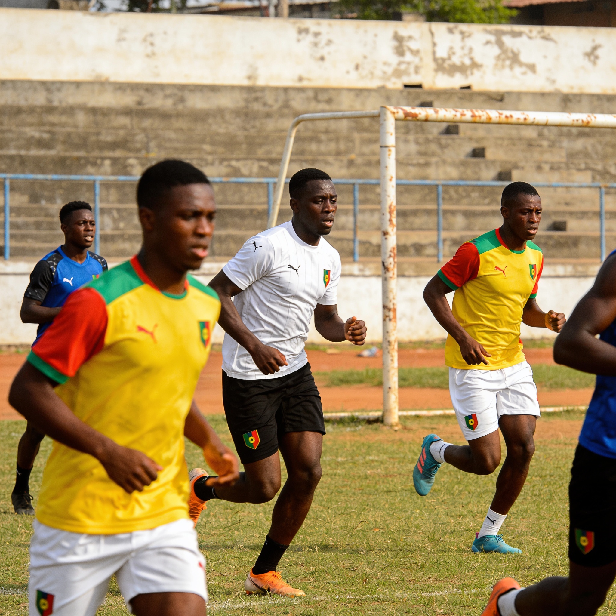 Create an editorial news illustration for an article about 'Les 5 défis du sport au Congo selon Hugues Ngouelondélé'. The specific country is Republique du Congo (Brazzaville) (CG); make visual cues accurate to this exact country and avoid flags or s