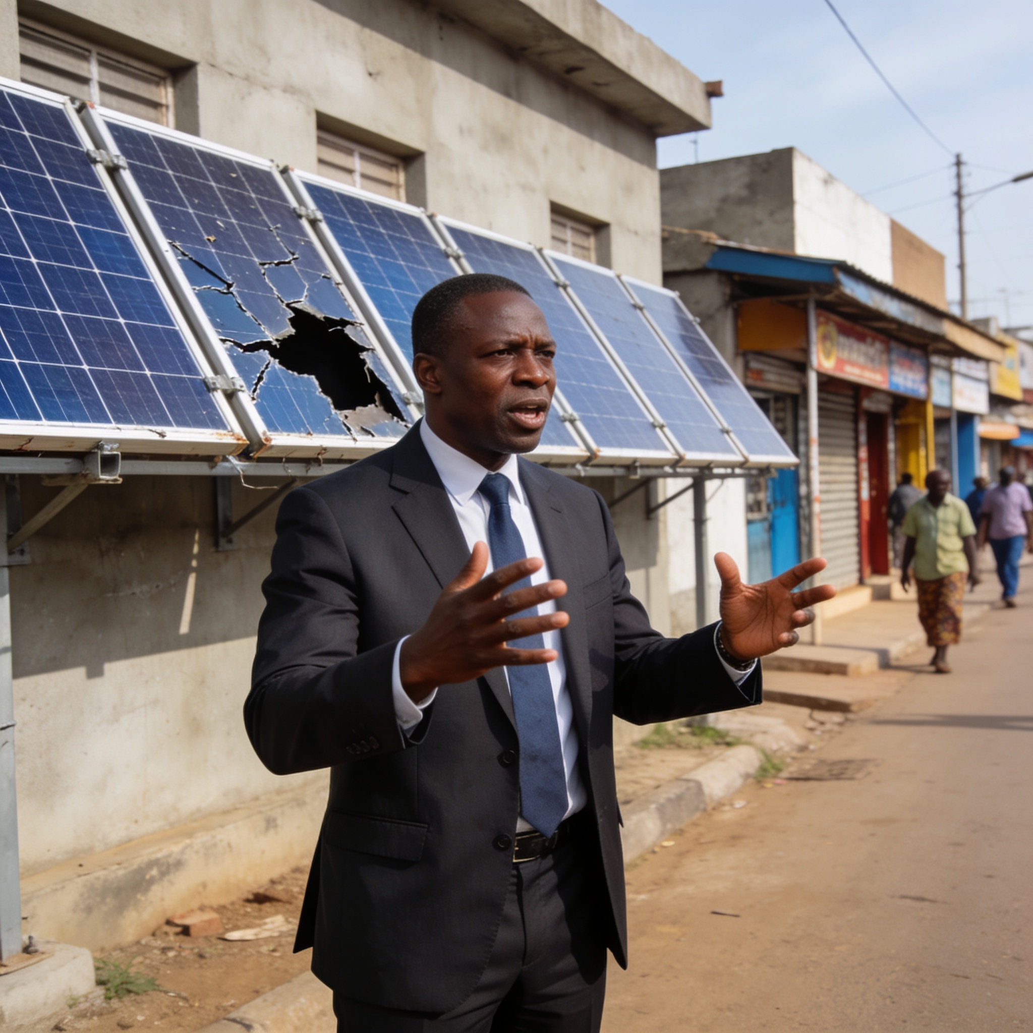 Create an editorial news illustration for an article about 'Likouala : le préfet Jean Pascal Koumba dénonce le vol des panneaux solaires et alerte sur la délinquance'. The specific country is Republique du Congo (Brazzaville) (CG); make visual cues a