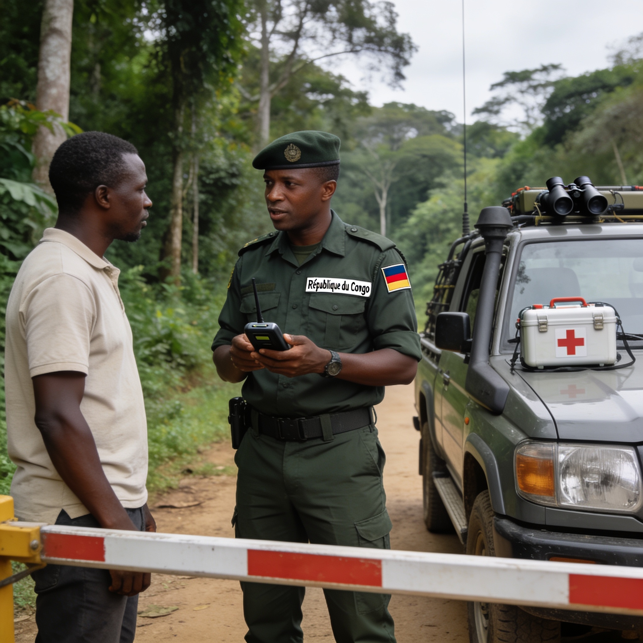 Create an editorial news illustration for an article about 'Lutte contre la criminalité faunique : le Congo évalue ses moyens de riposte à Brazzaville'. The specific country is Republique du Congo (Brazzaville) (CG); make visual cues accurate to this