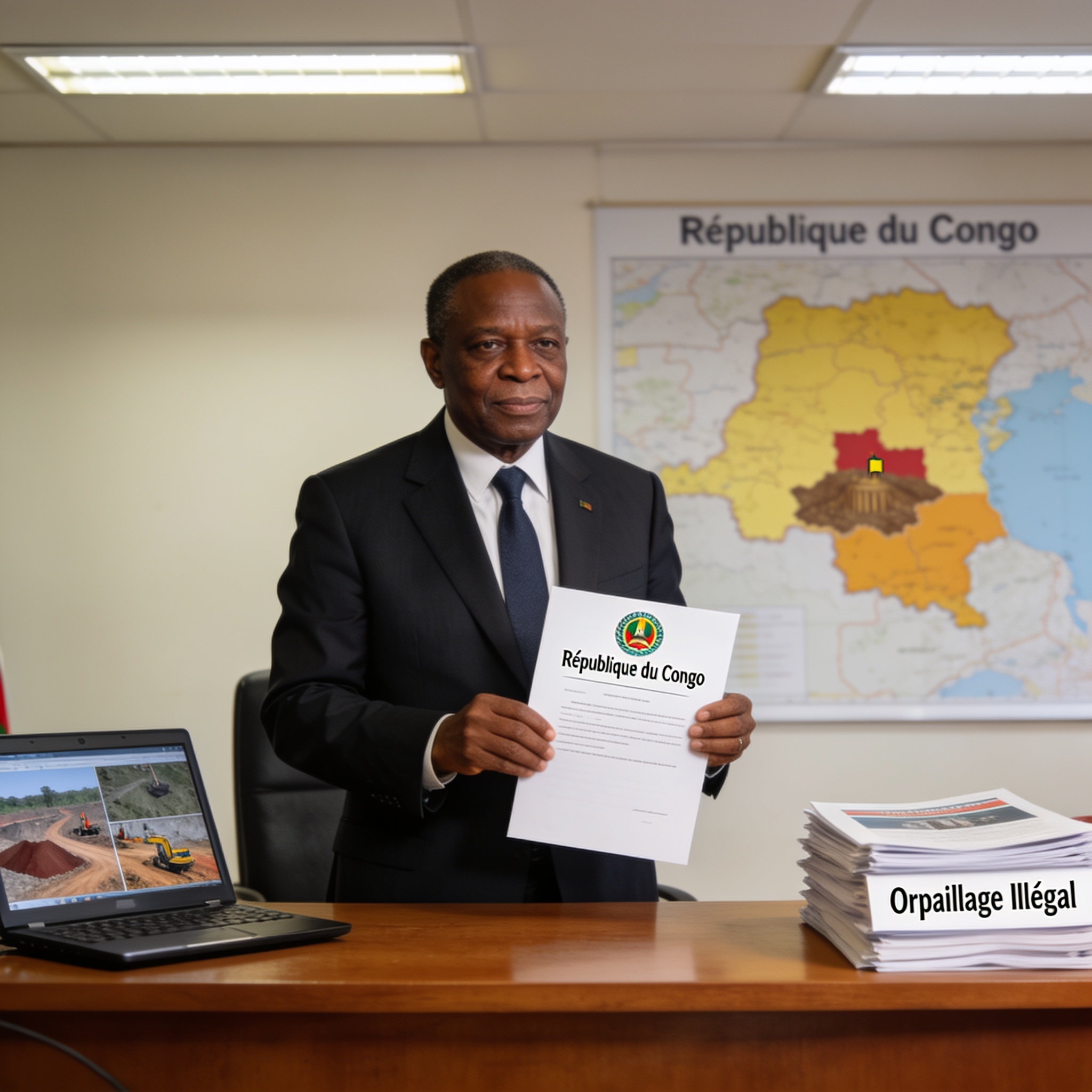 Create an editorial news illustration for an article about 'Lutte contre l’orpaillage illégal : Denis Sassou N’Guesso monte au créneau'. The specific country is Republique du Congo (Brazzaville) (CG); make visual cues accurate to this exact country a