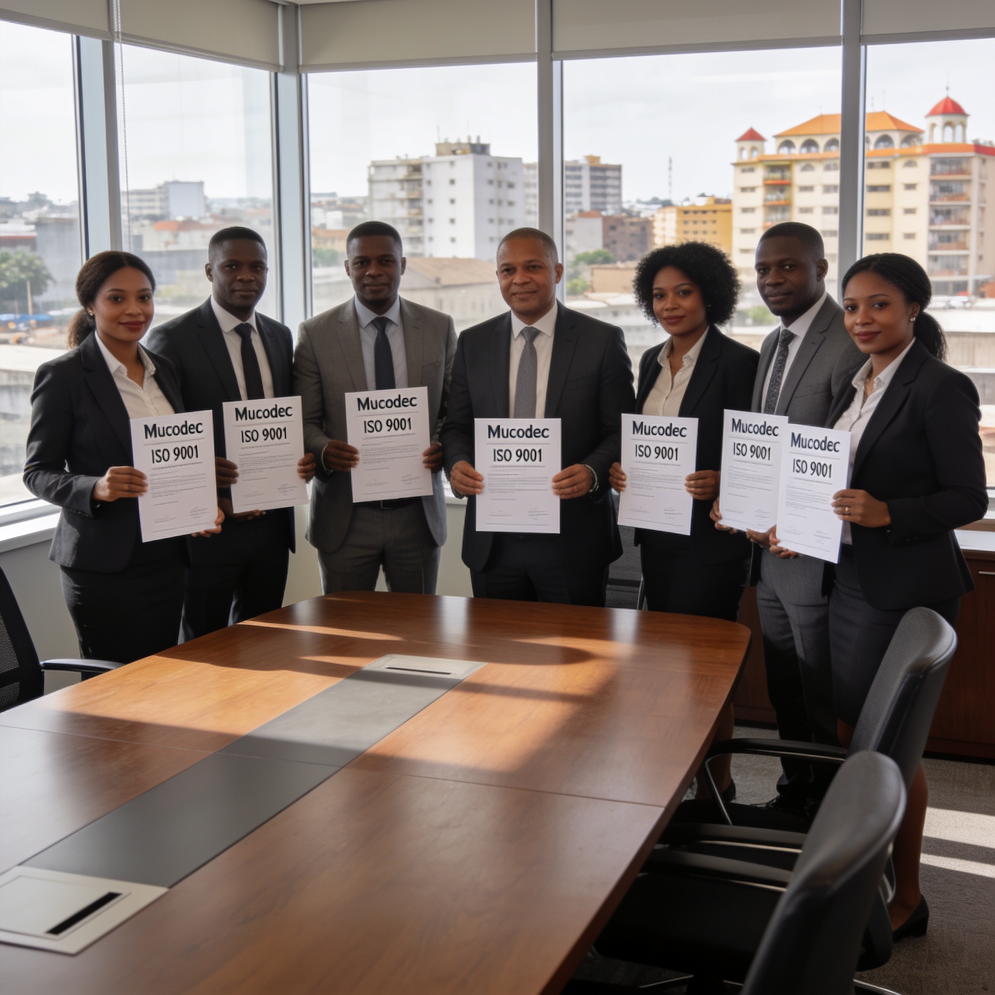Create an editorial news illustration for an article about 'Microfinance : les Mucodec décrochent la certification ISO 9001 à Brazzaville'. The specific country is Republique du Congo (Brazzaville) (CG); make visual cues accurate to this exact countr