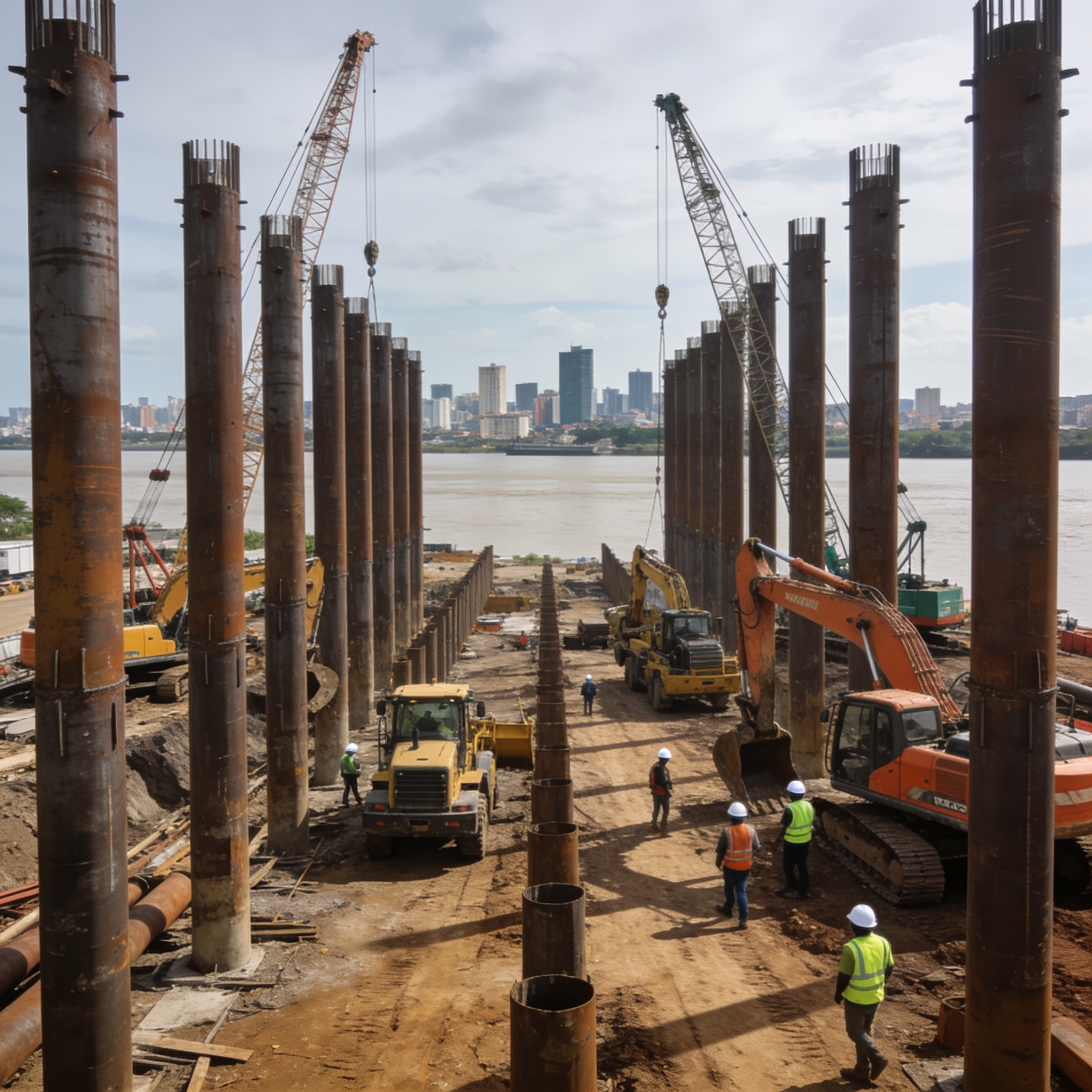 Create an editorial news illustration for an article about 'Môle Est : Congo Terminal finalise le battage des 558 pieux du futur quai'. The specific country is Republique du Congo (Brazzaville) (CG); make visual cues accurate to this exact country an