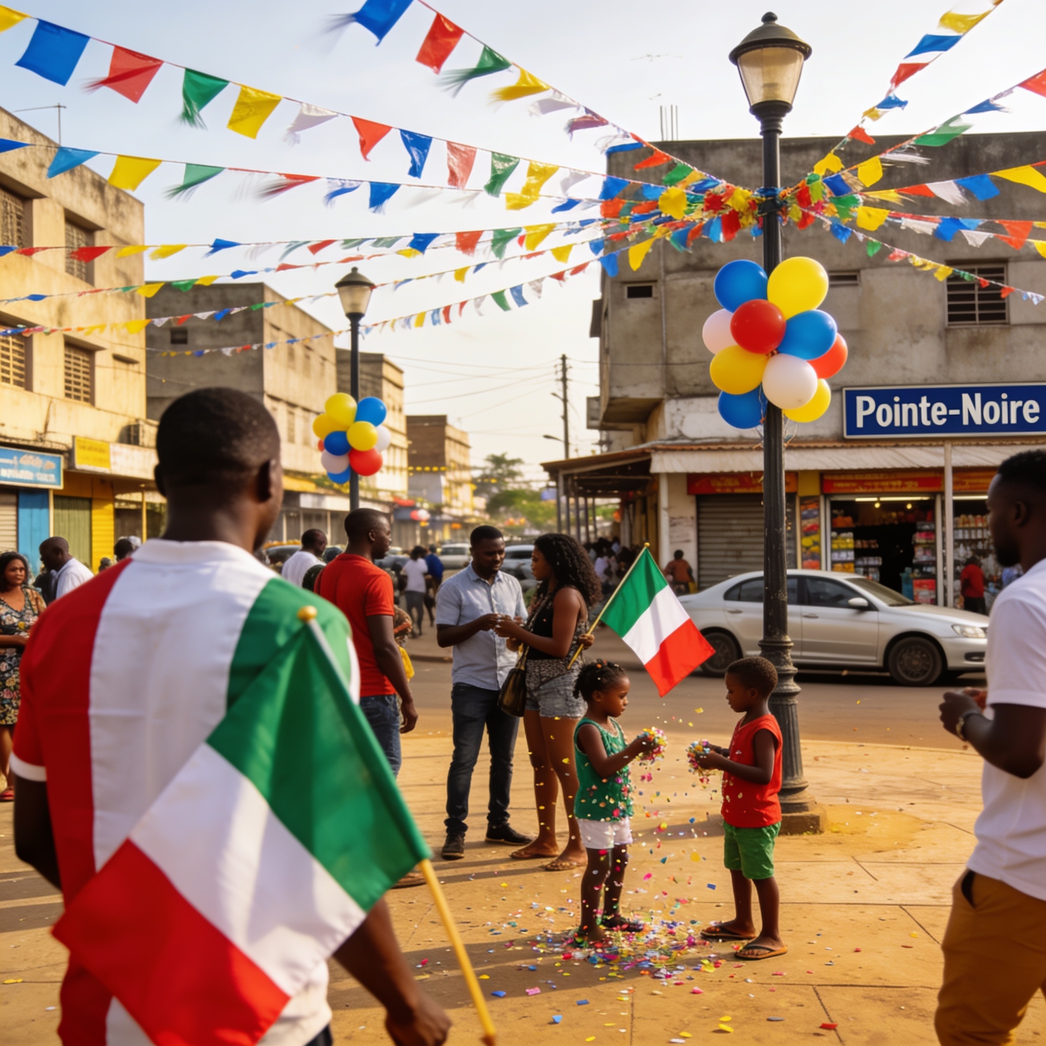 Create an editorial news illustration for an article about 'Pointe-Noire : la communauté italienne célèbre le 80e anniversaire de la République dans une ambiance festive'. The specific country is Republique du Congo (Brazzaville) (CG); make visual cu