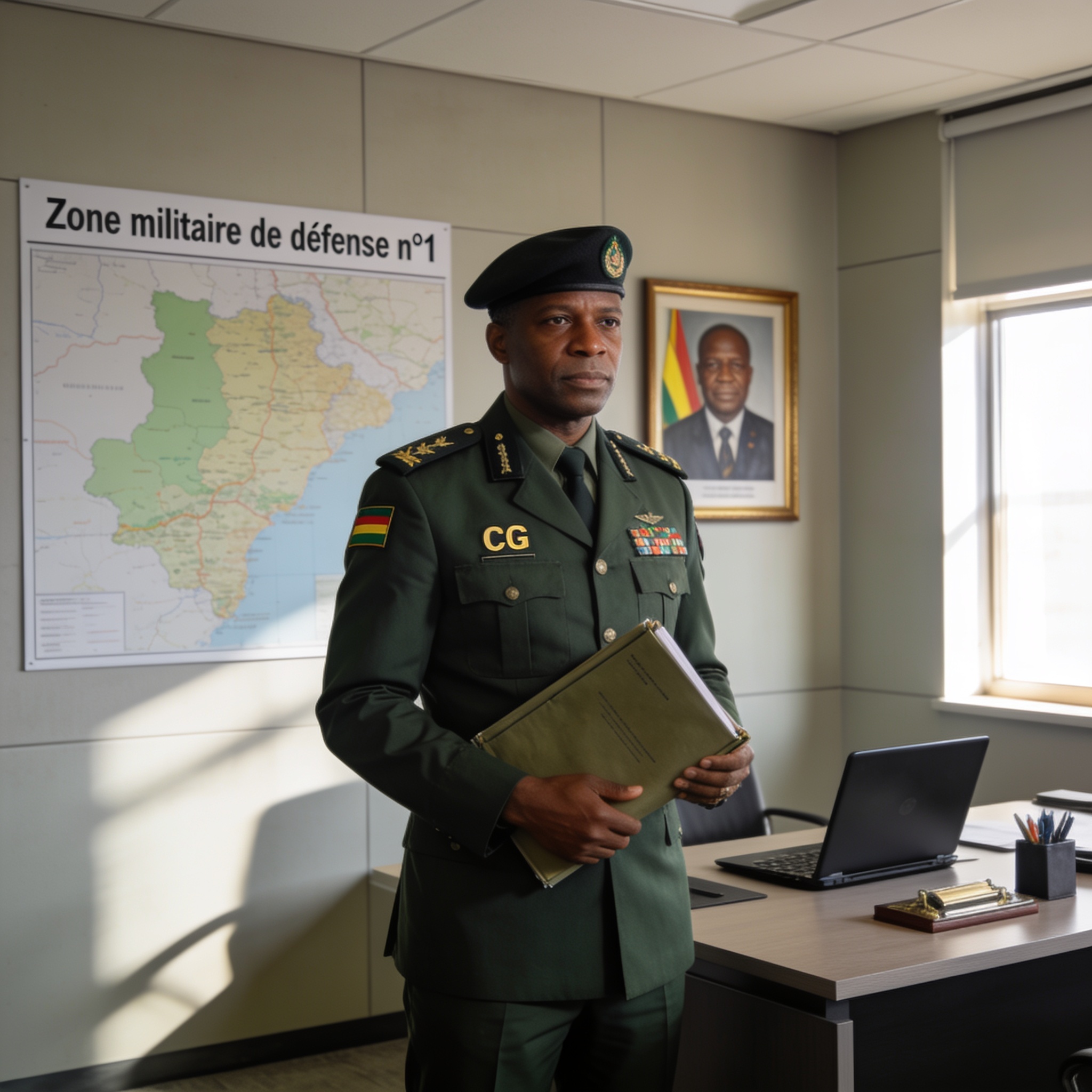 Create an editorial news illustration for an article about 'Pointe-Noire : un nouveau commandant pour la Zone militaire de défense n°1'. The specific country is Republique du Congo (Brazzaville) (CG); make visual cues accurate to this exact country a