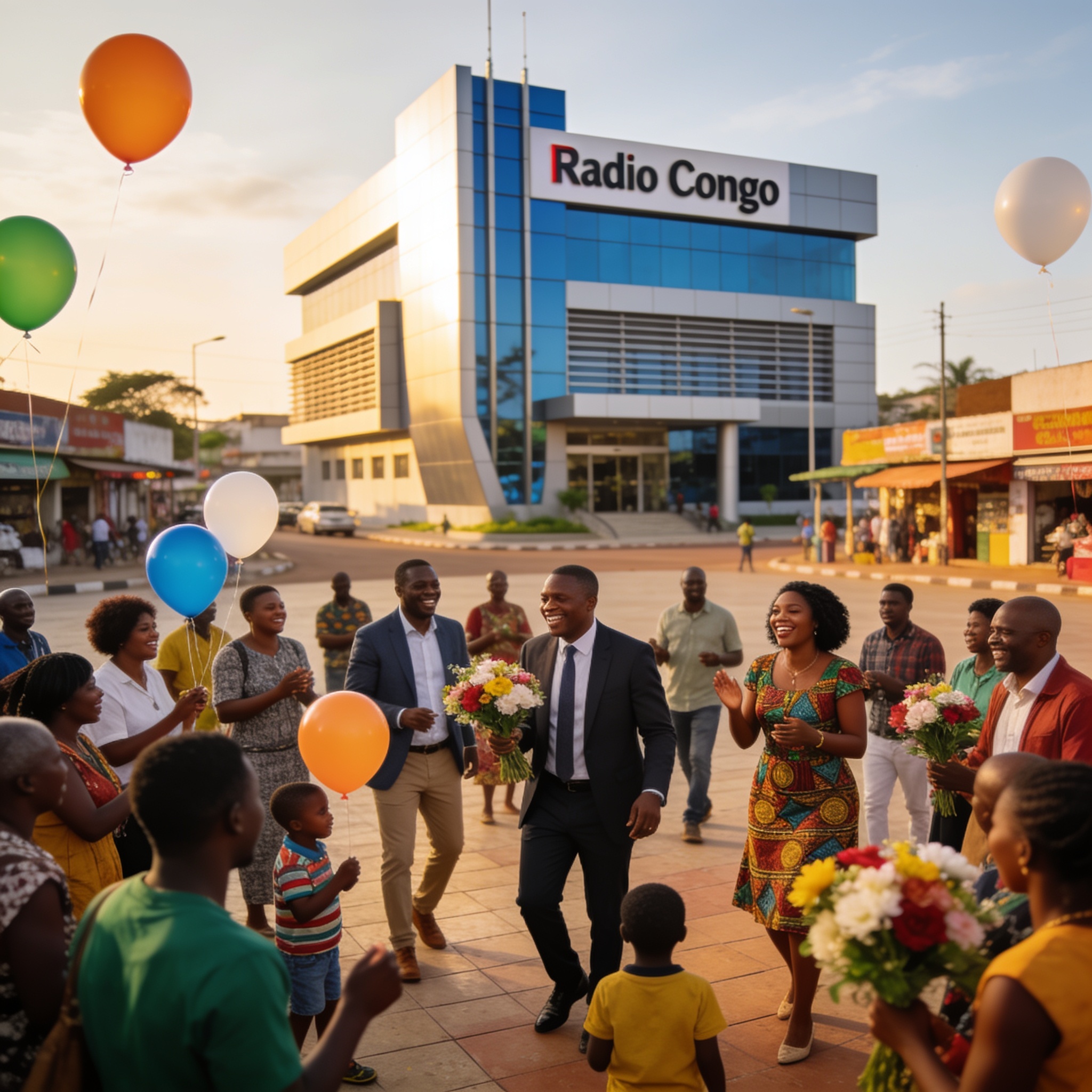 Create an editorial news illustration for an article about 'Radio Congo célèbre ses 66 ans à Owando avec faste et émotion'. The specific country is Republique du Congo (Brazzaville) (CG); make visual cues accurate to this exact country and avoid flag
