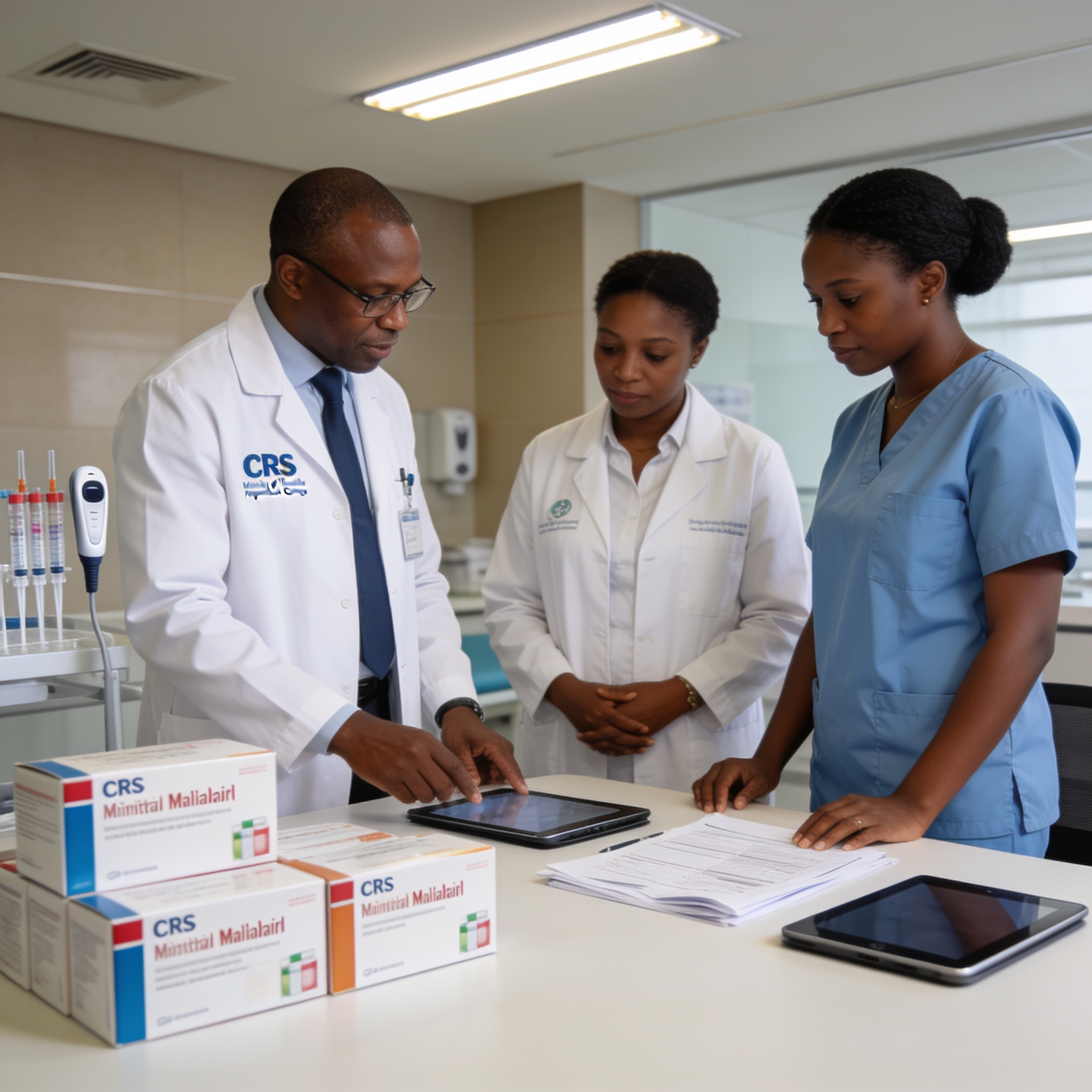 Create an editorial news illustration for an article about 'Renforcement de la qualité des traitements antipaludiques : CRS et le Ministère de la Santé unissent leurs efforts'. The specific country is Republique du Congo (Brazzaville) (CG); make visu