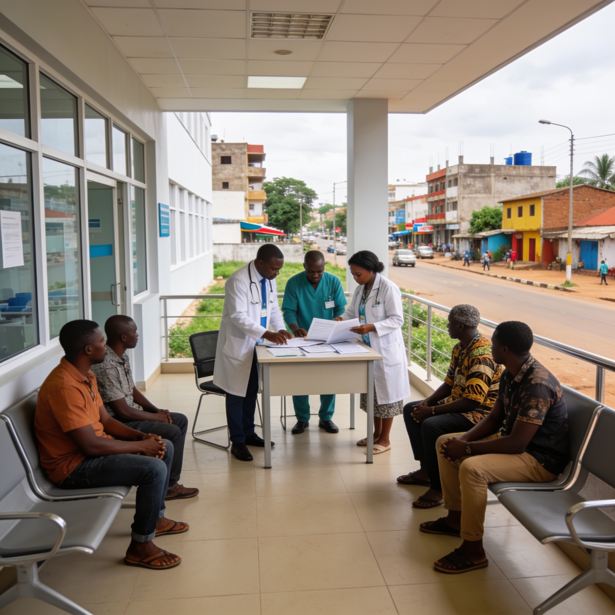 Create an editorial news illustration for an article about 'Santé au Congo : le rapport d’évaluation harmonisée des établissements validé à Brazzaville'. The specific country is Republique du Congo (Brazzaville) (CG); make visual cues accurate to thi