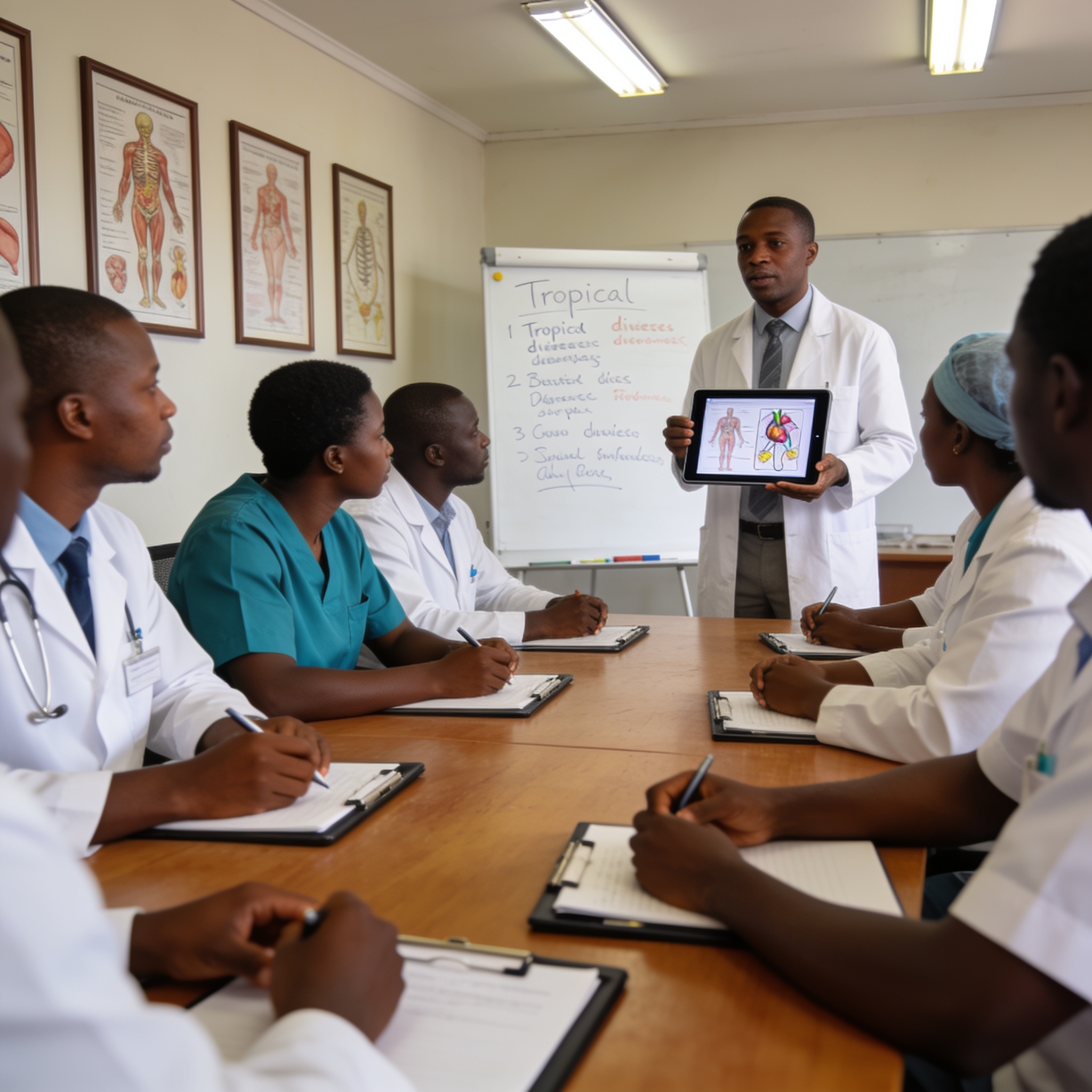 Create an editorial news illustration for an article about 'Santé : l’OMS forme des professionnels aux maladies tropicales négligées à Brazzaville'. The specific country is Republique du Congo (Brazzaville) (CG); make visual cues accurate to this exa
