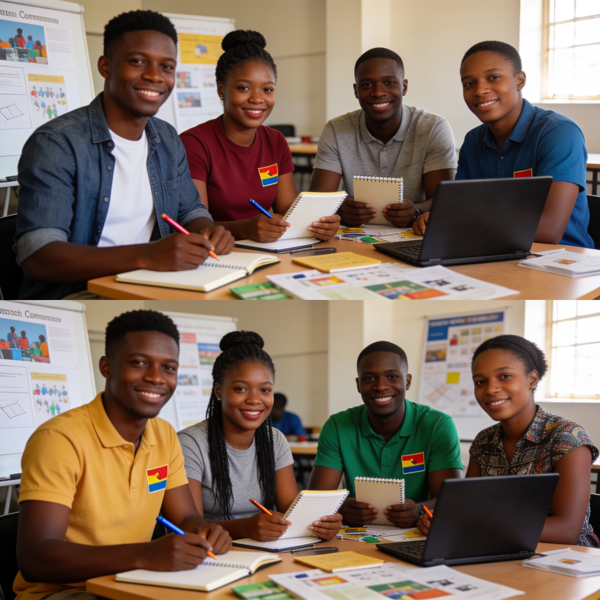 Create an editorial news illustration for an article about 'Volontariat au Congo : plus de 6 400 inscrits, un vivier prometteur pour l’emploi des jeunes'. The specific country is Republique du Congo (Brazzaville) (CG); make visual cues accurate to th