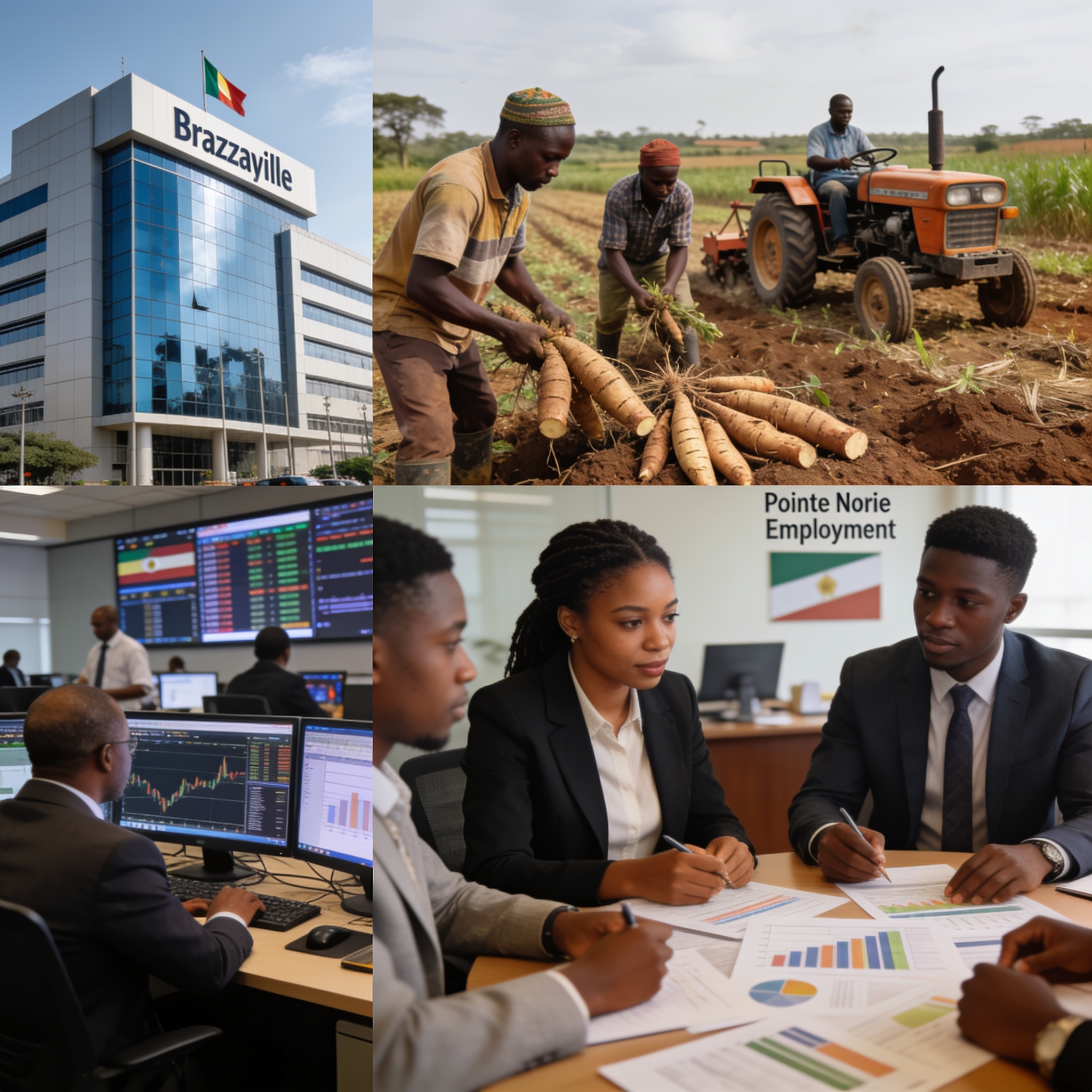 Create an editorial news illustration for an article about 'Actualités du 28 juillet 2026 : bourses, agriculture et emploi au cœur de la journée'. The specific country is Republiqe du Congo (CG); make visual cues accurate to this exact country and av