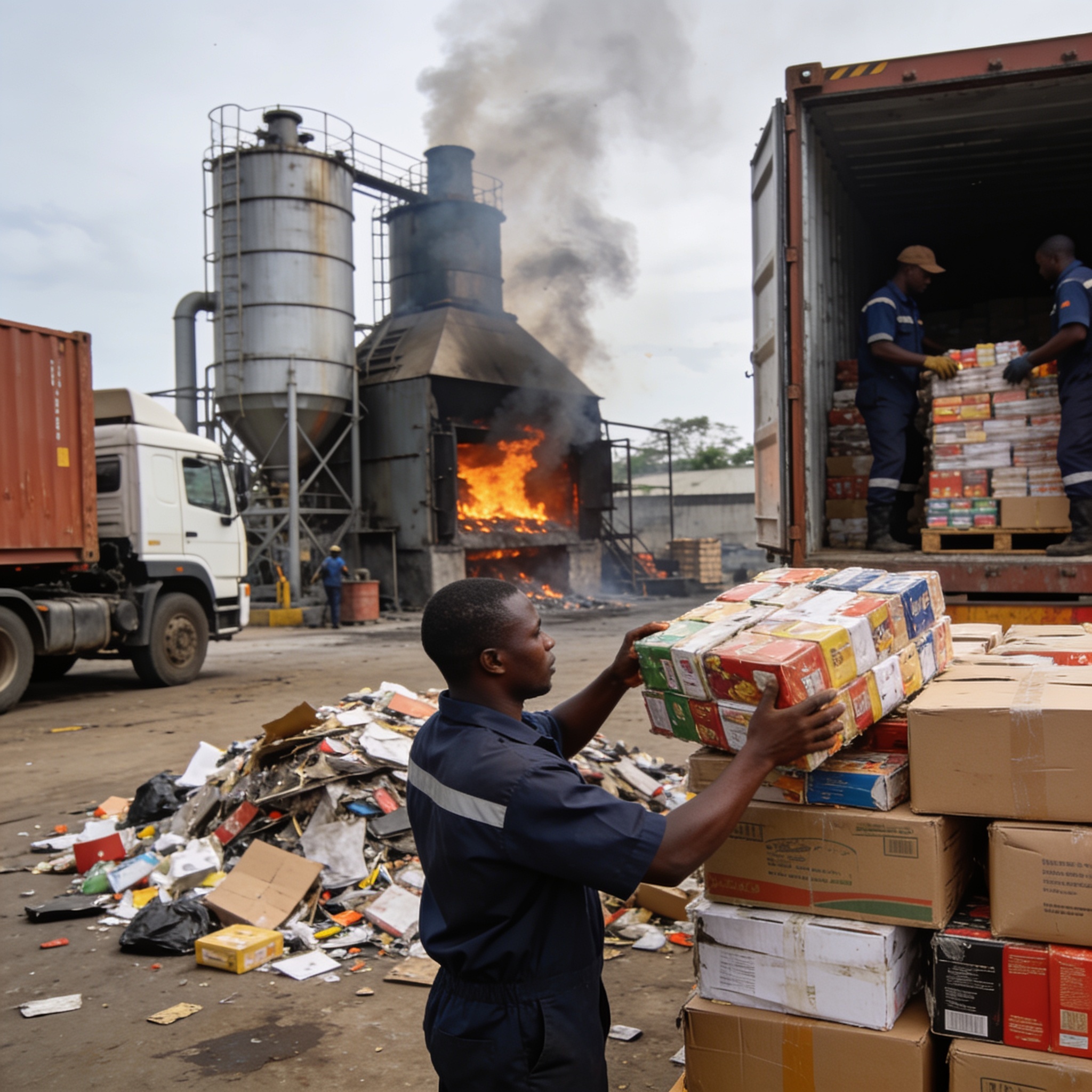 Create an editorial news illustration for an article about 'Brazzaville : 5 tonnes de produits impropres à la consommation incinérées'. The specific country is CG (CG); make visual cues accurate to this exact country and avoid flags or symbols of sim