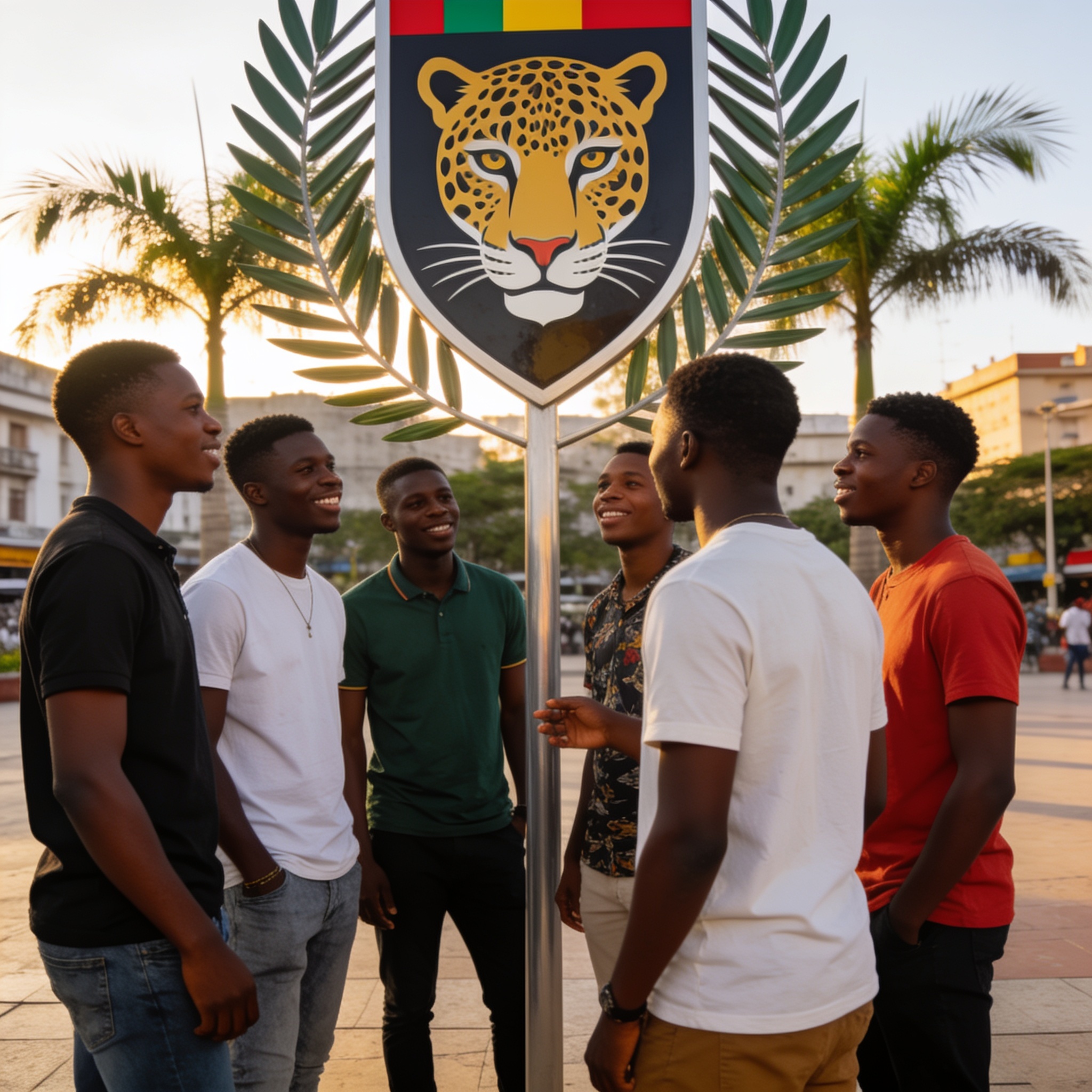 Create an editorial news illustration for an article about 'Brazzaville : la jeunesse congolaise renoue avec les symboles de la République'. The specific country is Republiqe du Congo (CG); make visual cues accurate to this exact country and avoid fl