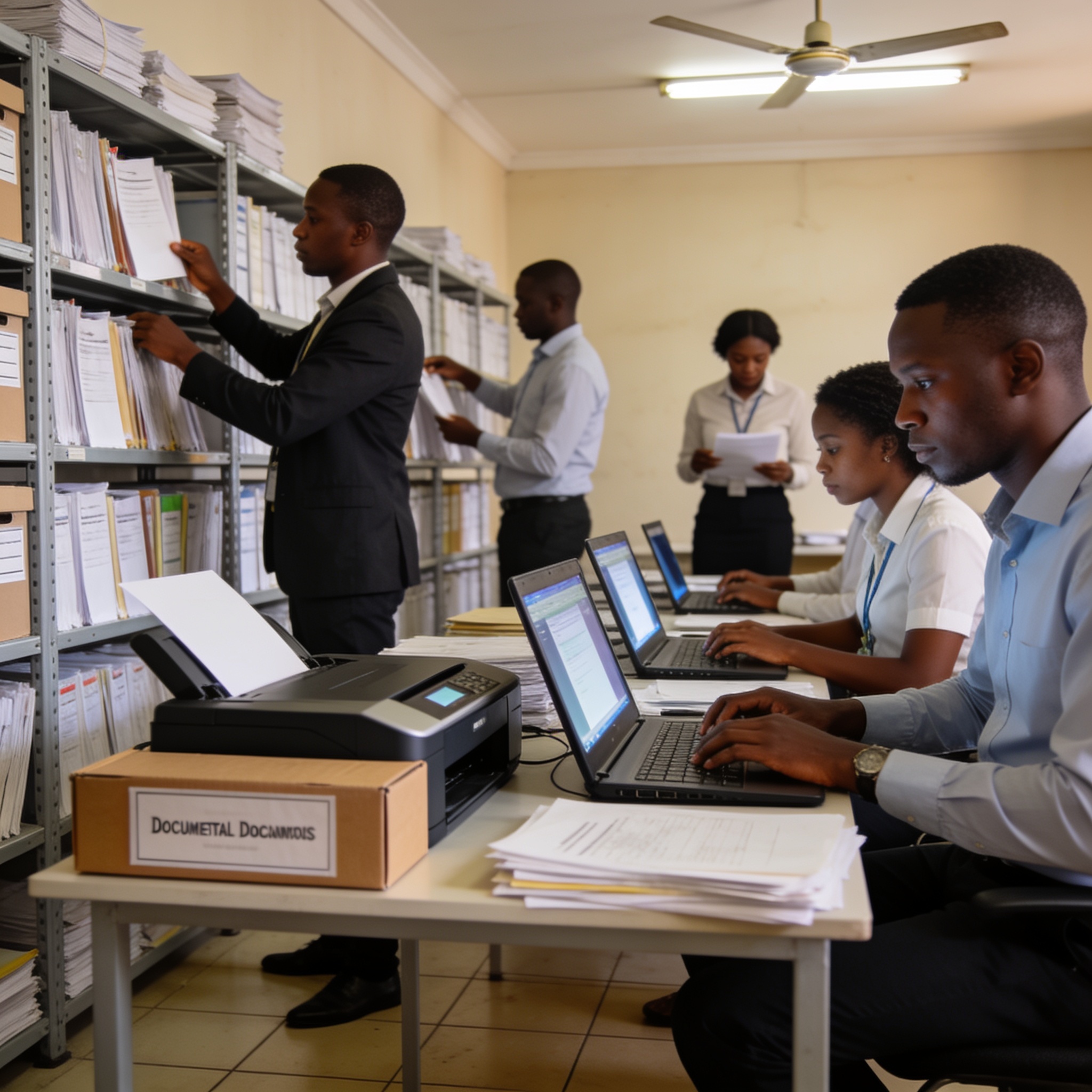 Create an editorial news illustration for an article about 'Brazzaville : une formation met en lumière le métier d’archiviste et la gestion documentaire'. The specific country is CG (CG); make visual cues accurate to this exact country and avoid flag