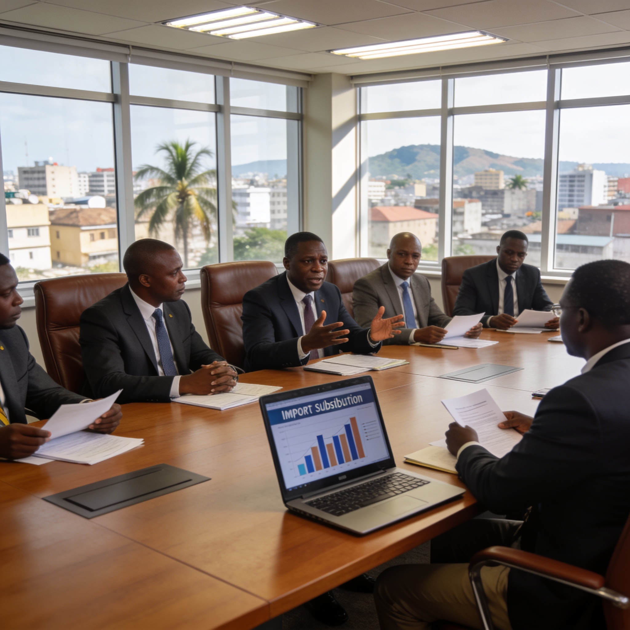 Create an editorial news illustration for an article about 'Cémac : Brazzaville accueille les discussions sur les réformes fiscalo-douanières pour l’import-substitution'. The specific country is Republiqe du Congo (CG); make visual cues accurate to t