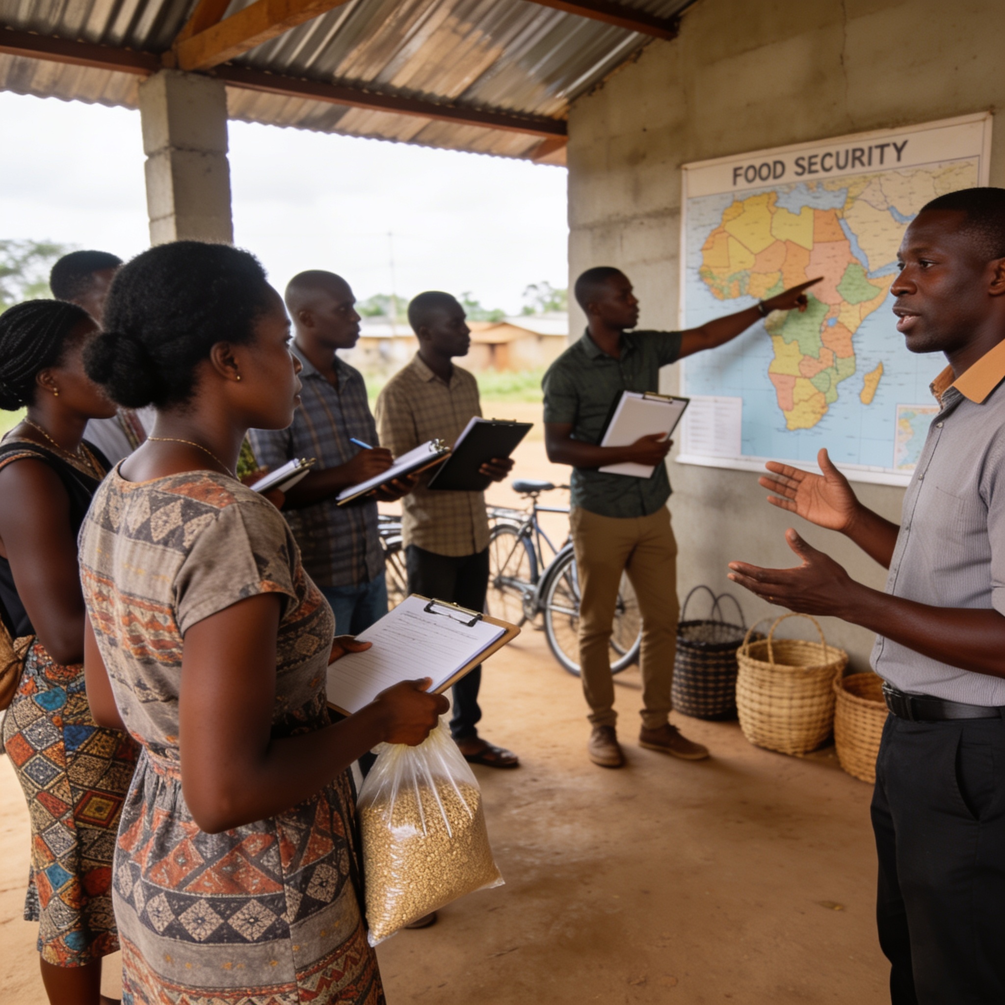Create an editorial news illustration for an article about 'Congo : lancement de l’enquête nationale sur la sécurité alimentaire et la vulnérabilité'. The specific country is Republiqe du Congo (CG); make visual cues accurate to this exact country an