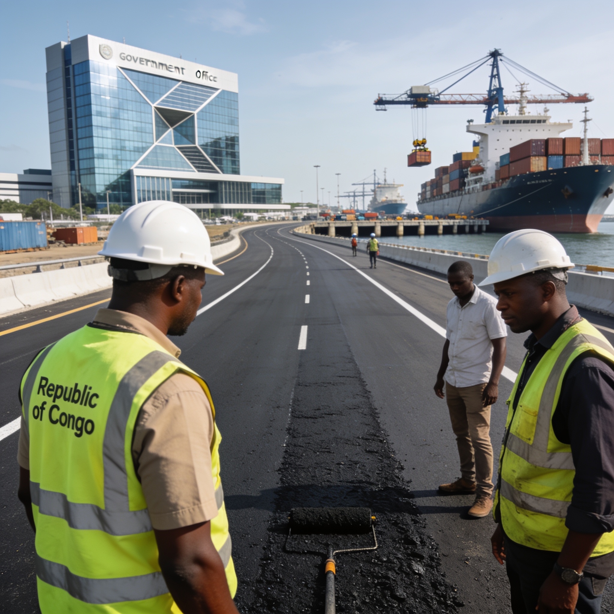 Create an editorial news illustration for an article about 'Congo : réformes de l’État, nouveaux accords et projets d’infrastructures en marche'. The specific country is Republiqe du Congo (CG); make visual cues accurate to this exact country and avo