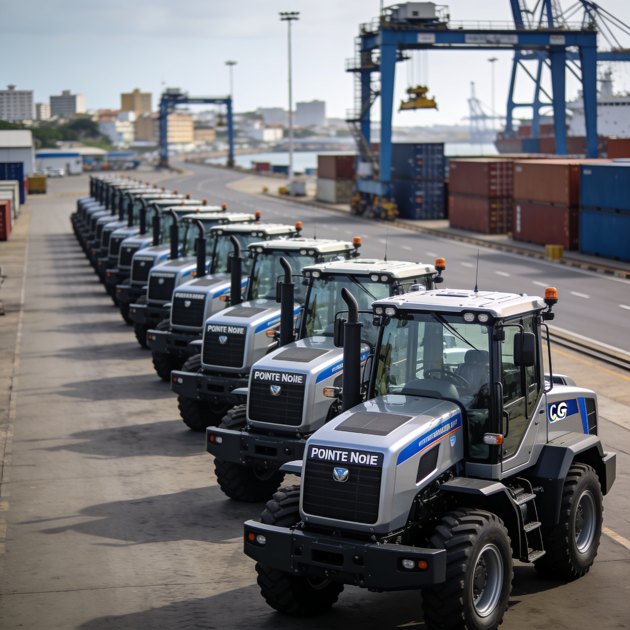 Create an editorial news illustration for an article about 'Congo Terminal renforce sa flotte avec 22 nouveaux tracteurs portuaires à Pointe-Noire'. The specific country is CG (CG); make visual cues accurate to this exact country and avoid flags or s
