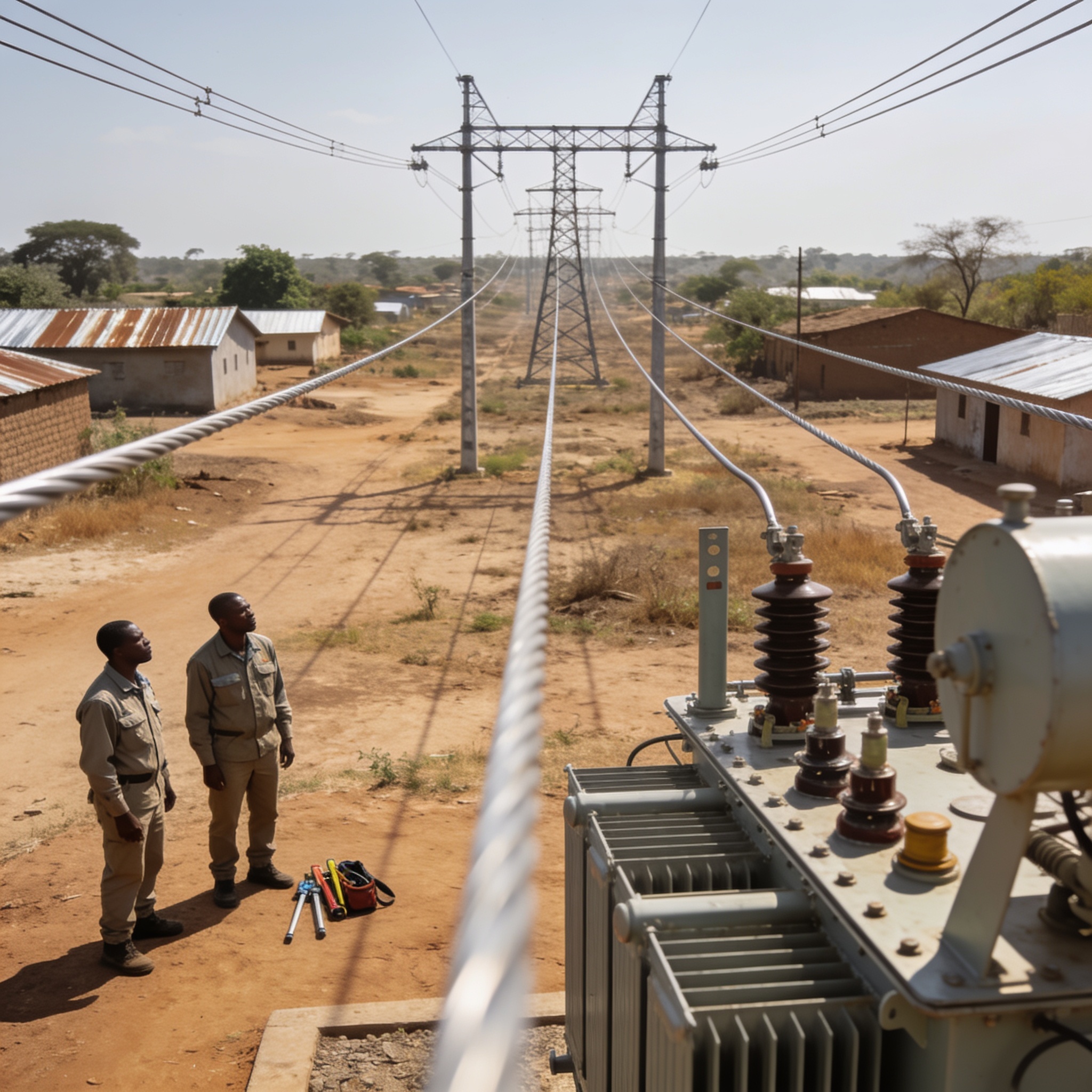 Create an editorial news illustration for an article about 'Énergie : Mossaka désormais connectée au réseau électrique national grâce à une ligne de 100 km'. The specific country is CG (CG); make visual cues accurate to this exact country and avoid f