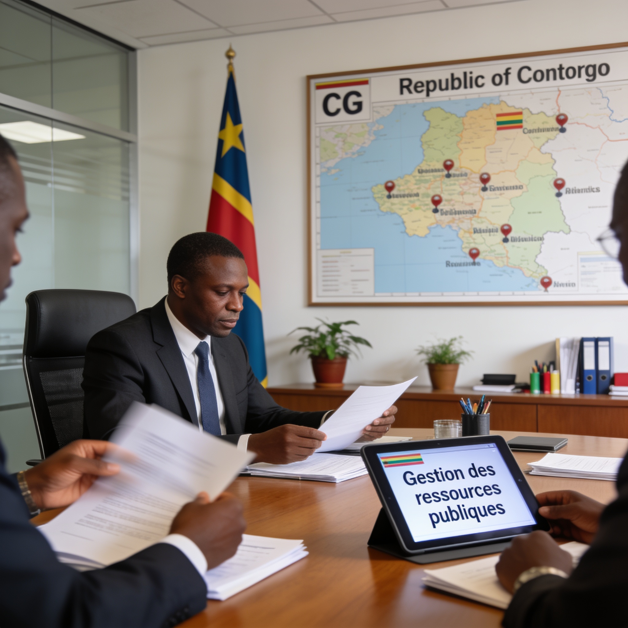 Create an editorial news illustration for an article about 'Gestion des ressources publiques : la polémique en RDC qui doit alerter le Congo'. The specific country is CG (CG); make visual cues accurate to this exact country and avoid flags or symbols