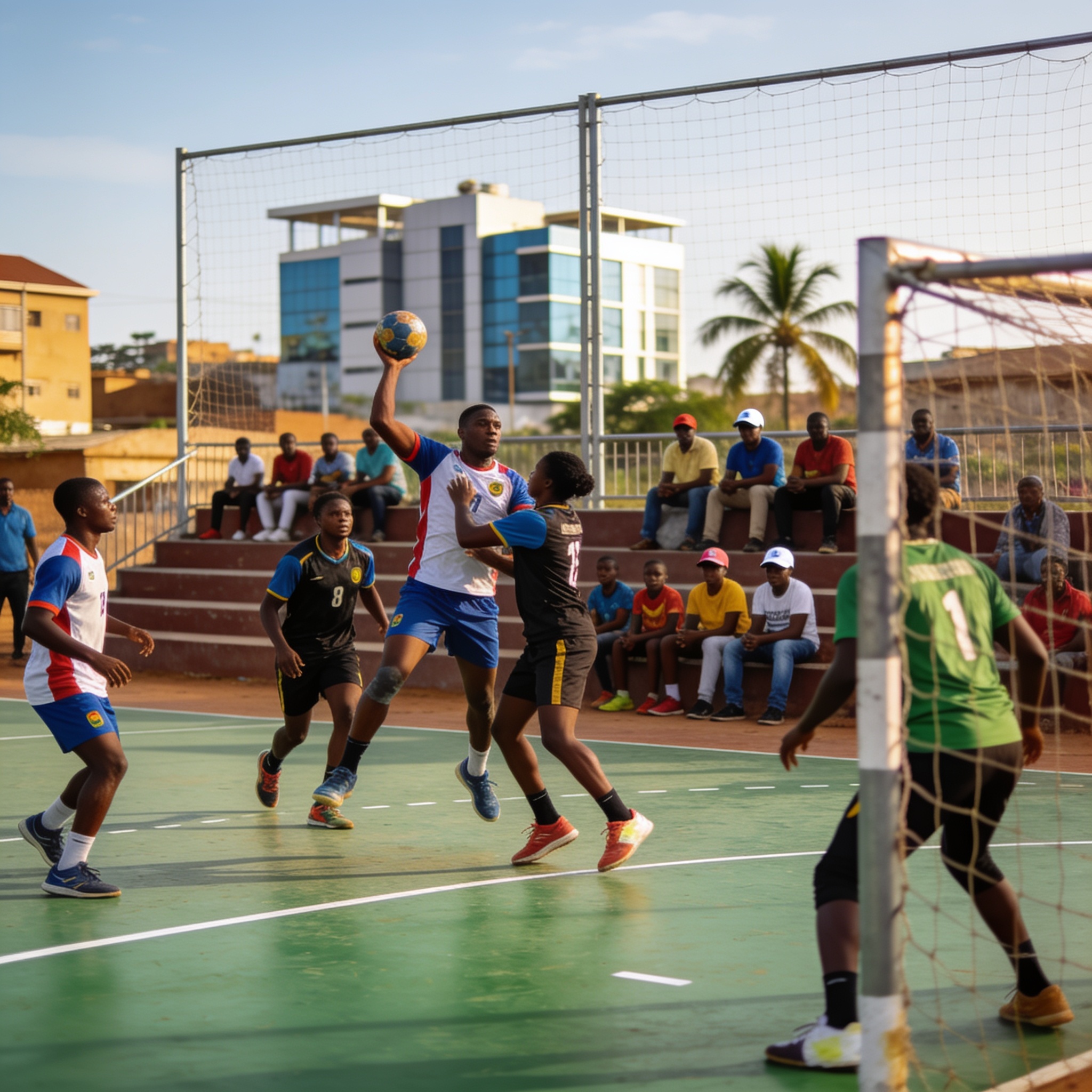 Create an editorial news illustration for an article about 'Handball : le tournoi des matchs de gala redonne vie à la discipline à Owando'. The specific country is CG (CG); make visual cues accurate to this exact country and avoid flags or symbols of