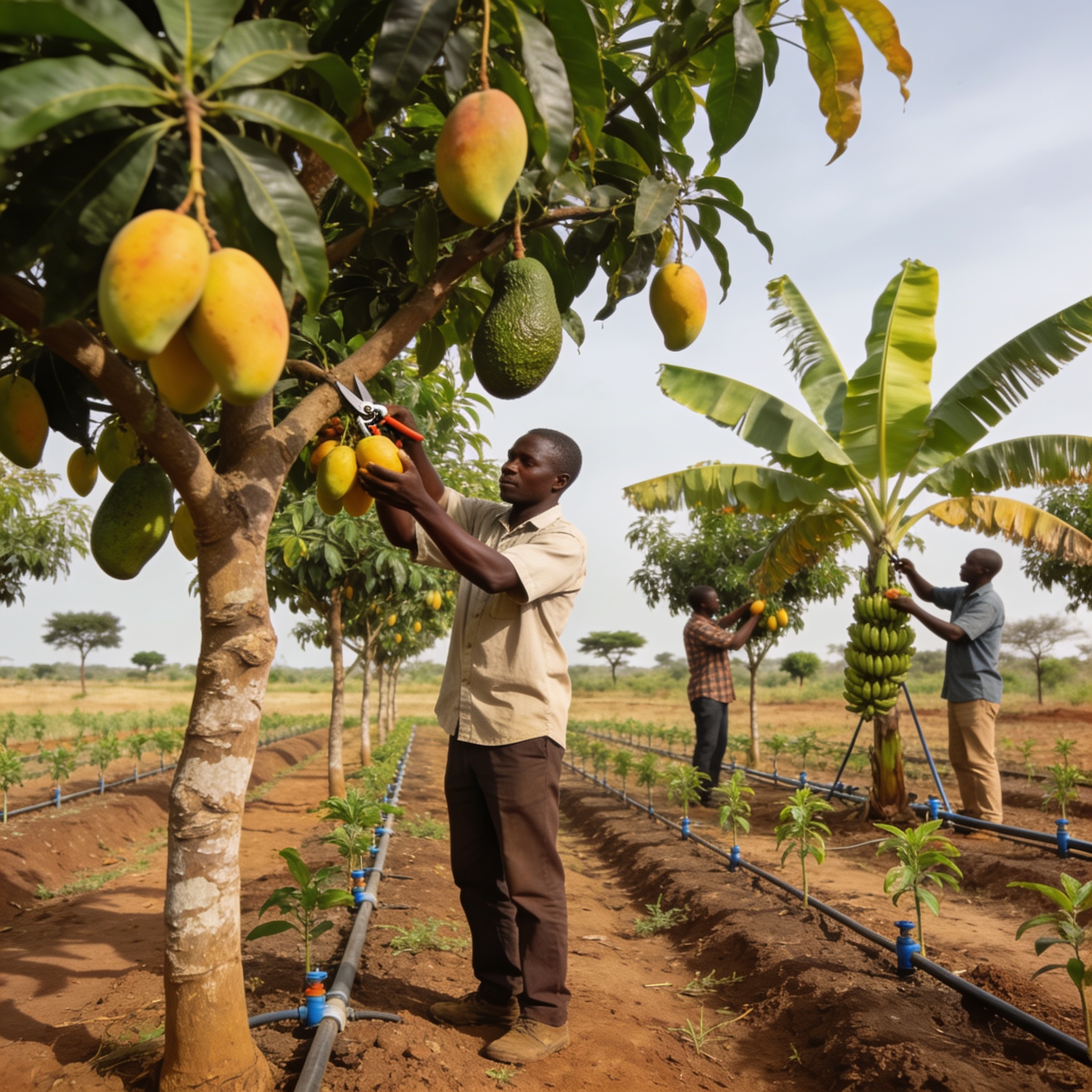 Create an editorial news illustration for an article about 'Investir dans un verger au Congo : une tendance verte qui prend racine'. The specific country is CG (CG); make visual cues accurate to this exact country and avoid flags or symbols of simila