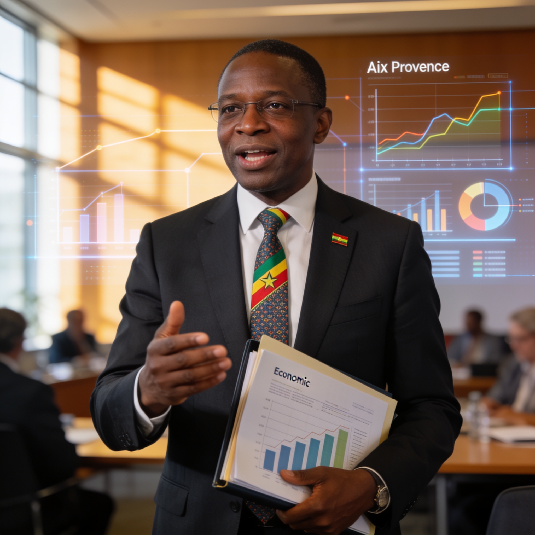 Create an editorial news illustration for an article about 'Le ministre congolais Ludovic Ngatsé plaide pour une Afrique transformatrice de ses richesses à Aix-en-Provence'. The specific country is CG (CG); make visual cues accurate to this exact cou