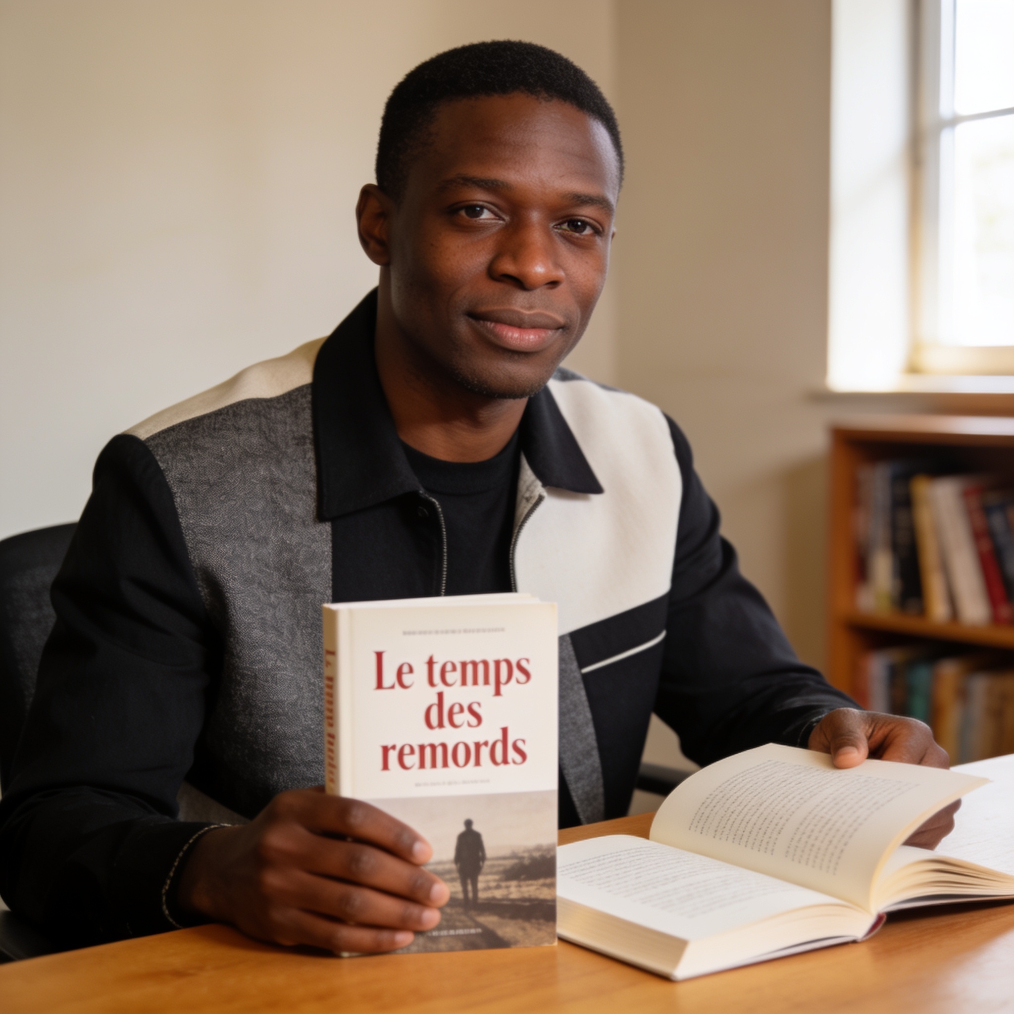 Create an editorial news illustration for an article about 'Littérature : Sylvain Elenga publie son premier ouvrage « Le temps des remords »'. The specific country is CG (CG); make visual cues accurate to this exact country and avoid flags or symbols