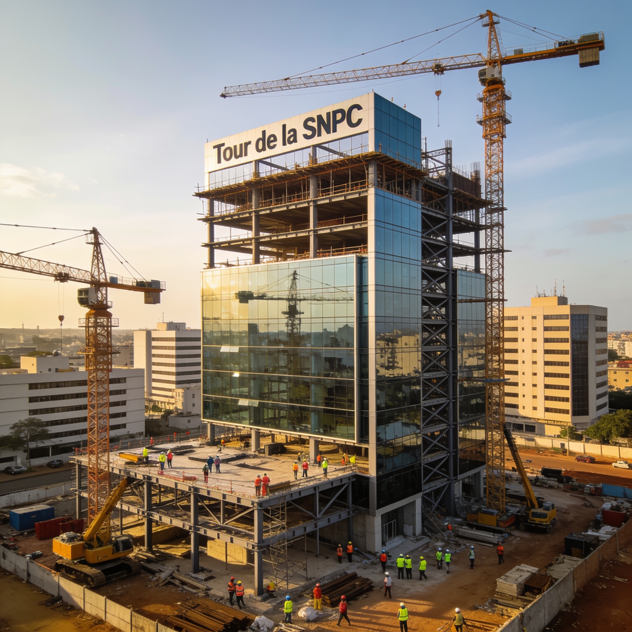 Create an editorial news illustration for an article about 'Pointe-Noire : la Tour de la SNPC bientôt achevée, Stev Simplice Onanga constate l’avancement des travaux'. The specific country is CG (CG); make visual cues accurate to this exact country a