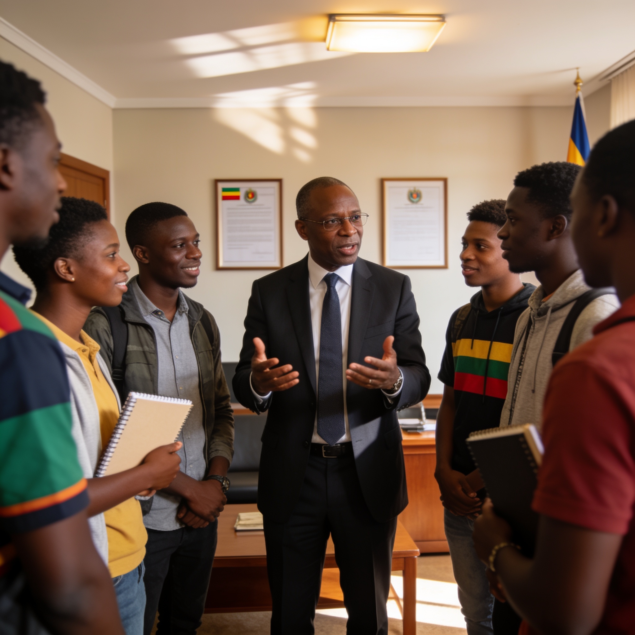 Create an editorial news illustration for an article about 'Renforcement des liens : la communauté estudiantine congolaise au Rwanda reçue par l’ambassadeur, et bilan de la FIACAT au Congo'. The specific country is Republiqe du Congo (CG); make visua