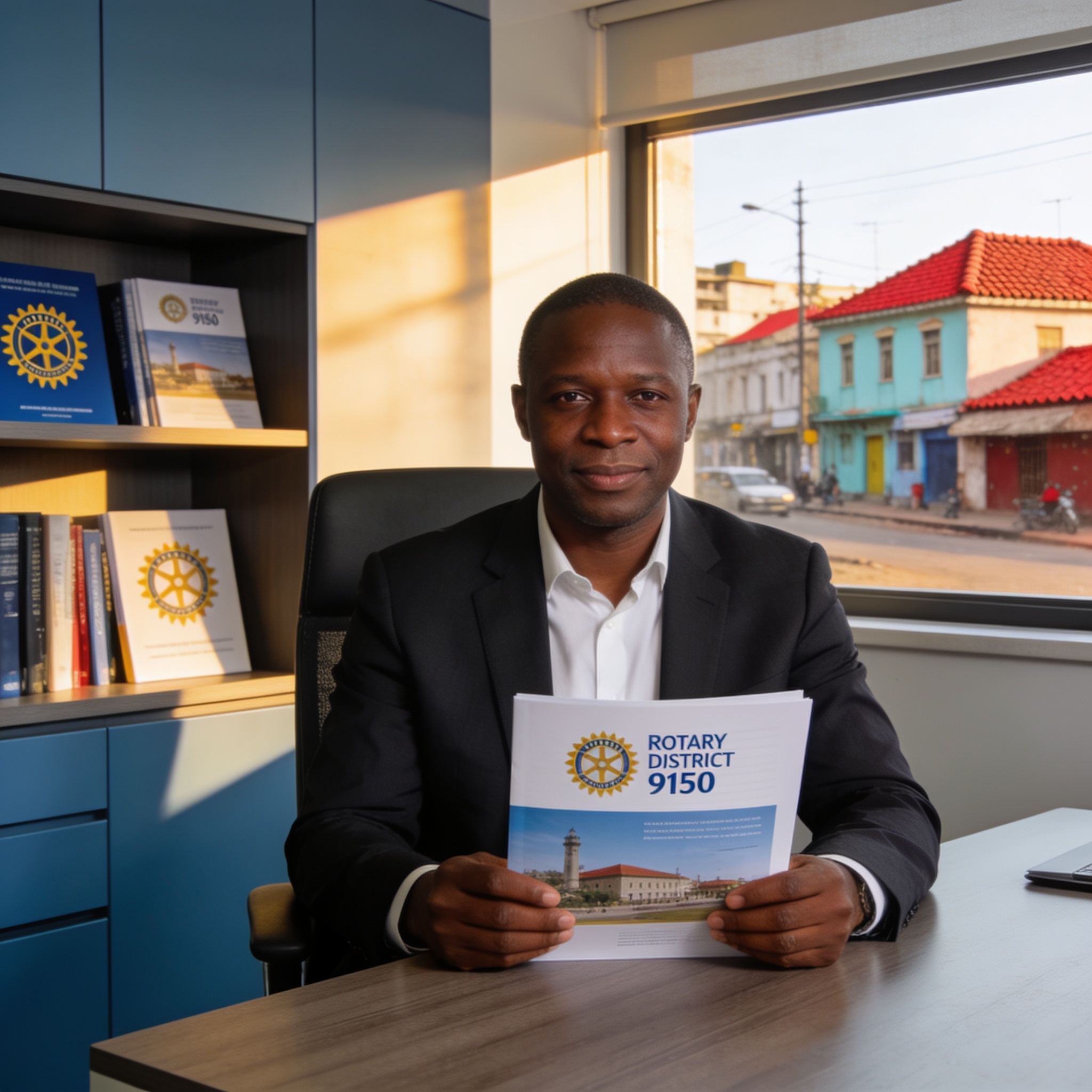 Create an editorial news illustration for an article about 'Rotary District 9150 : Hyacinthe Defoundoux dévoile son programme pour le mandat 2026-2027'. The specific country is CG (CG); make visual cues accurate to this exact country and avoid flags