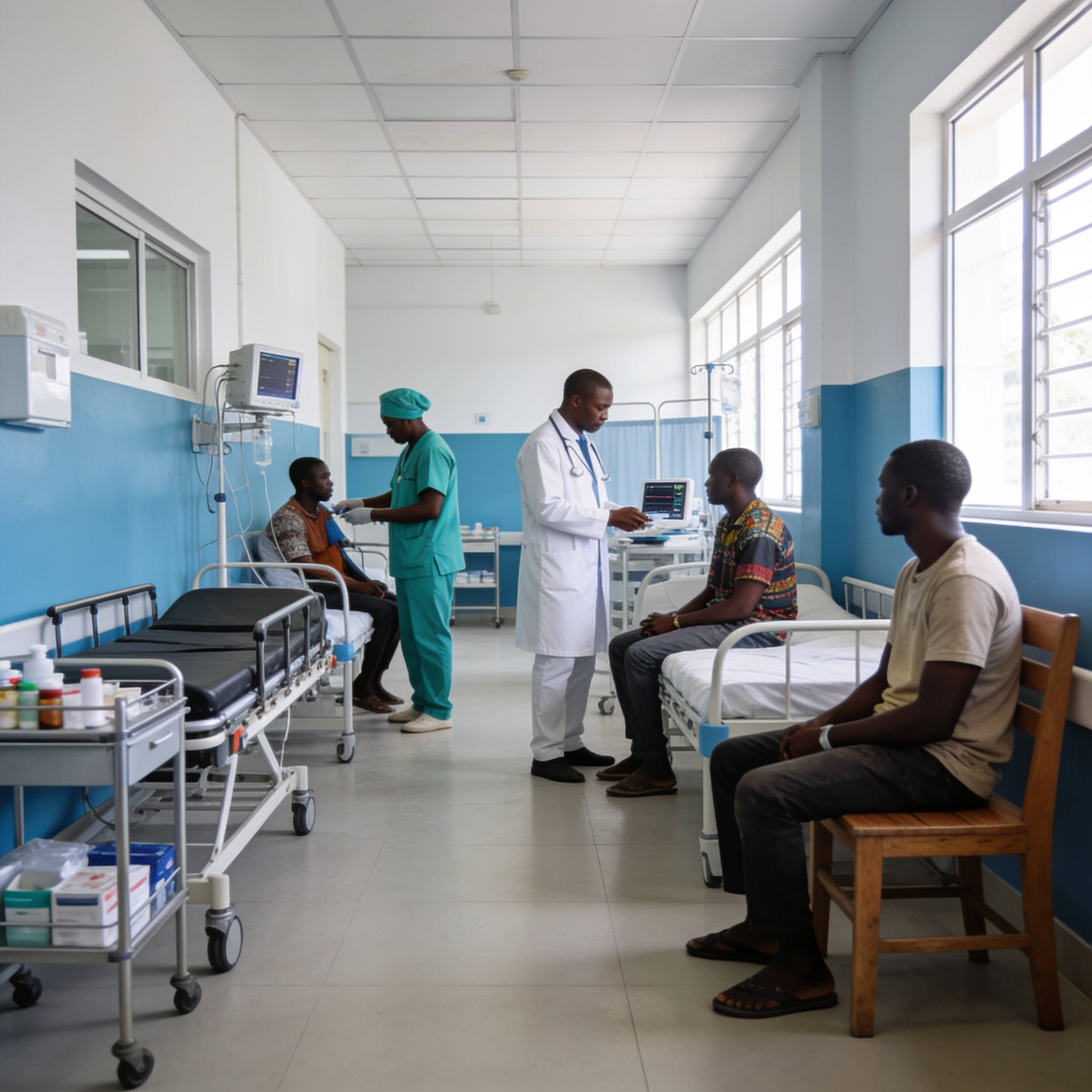 Create an editorial news illustration for an article about 'Santé au Congo : une revue à mi-parcours des hôpitaux pour un système plus performant'. The specific country is CG (CG); make visual cues accurate to this exact country and avoid flags or sy