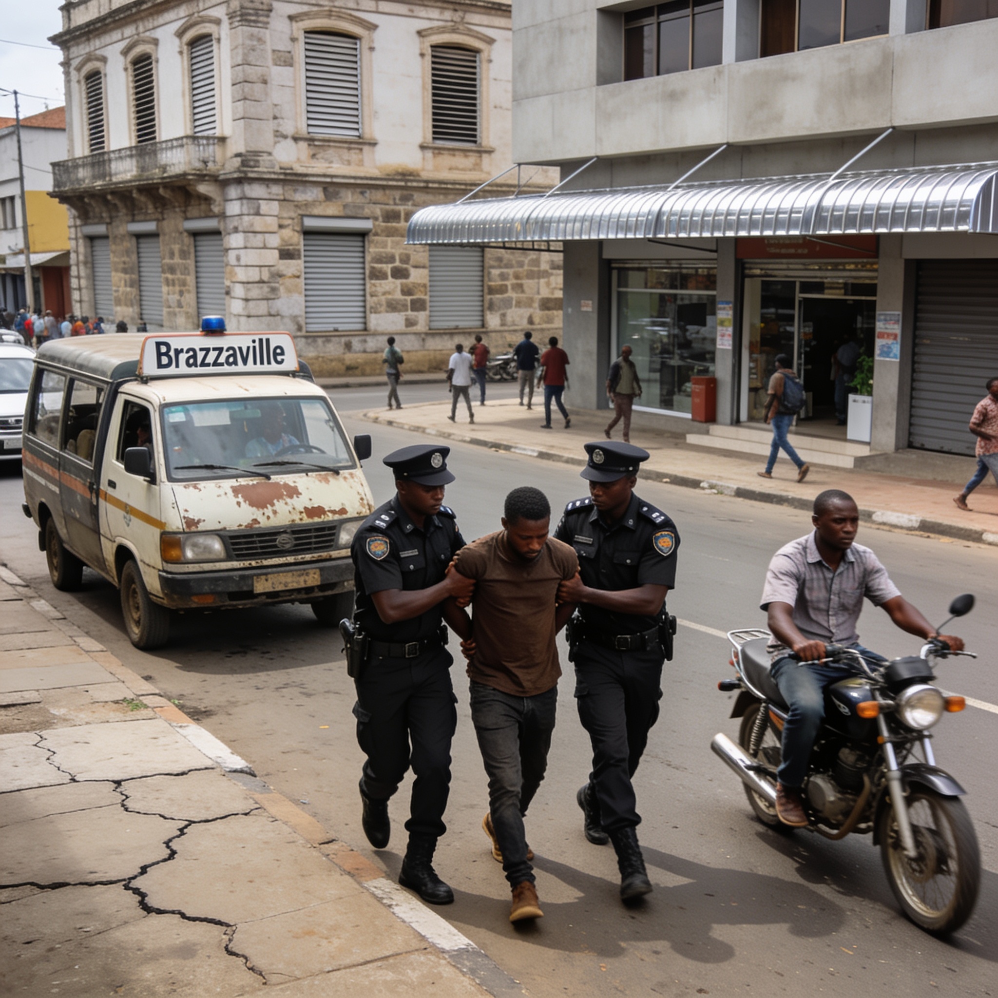 Create an editorial news illustration for an article about 'Arrestation clé à Brazzaville dans l’affaire du meurtre de Vally Amisi'. The specific country is Republiqe du Congo (CG); make visual cues accurate to this exact country and avoid flags or s